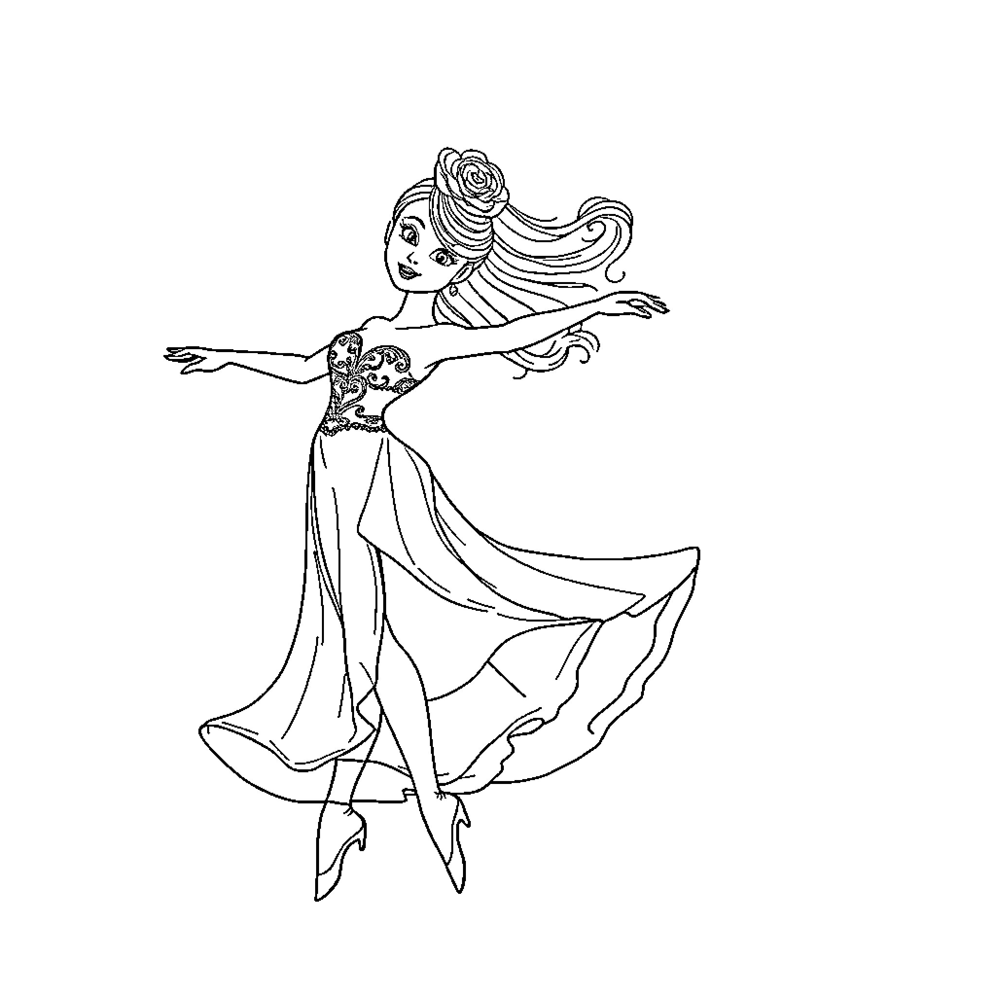Ballerina gracefully performing on stage Coloring Page (free black-and-white line drawing printable PDF for all, from beginners to advanced learners, including children, teens, adults, and seniors)