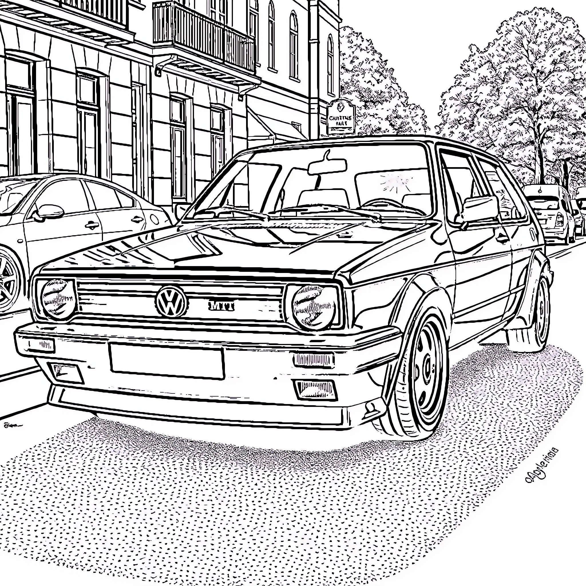 Mk2 GTI parked on city street Coloring Page (free black-and-white line drawing printable PDF for all, from beginners to advanced learners, including children, teens, adults, and seniors)