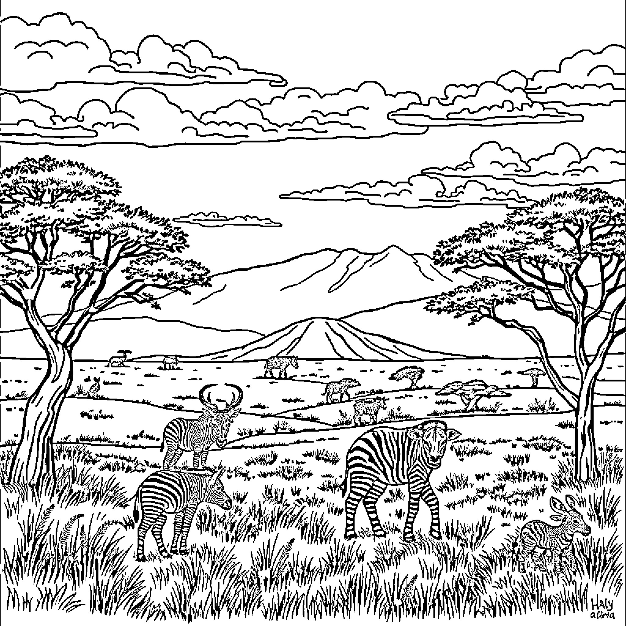 Kenya scenic landscape with wildlife animals Coloring Page (free black-and-white line drawing printable PDF for all, from beginners to advanced learners, including children, teens, adults, and seniors)