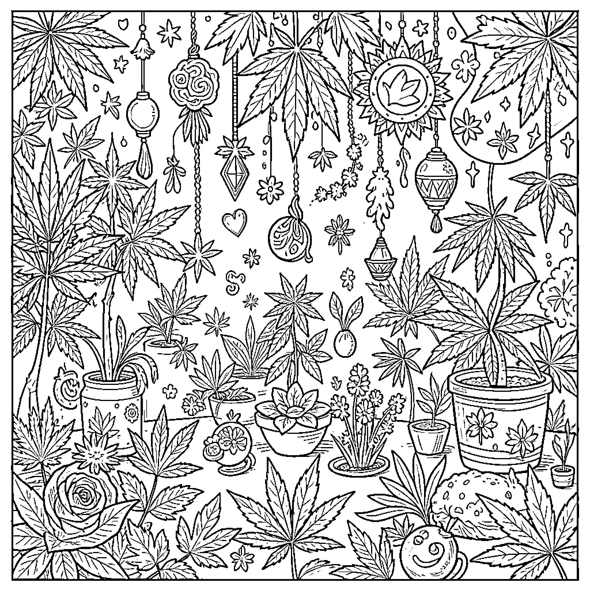 420 Botanicals and Ornaments Doodle Pattern Coloring Page (free black-and-white line drawing printable PDF for all, from beginners to advanced learners, including children, teens, adults, and seniors)