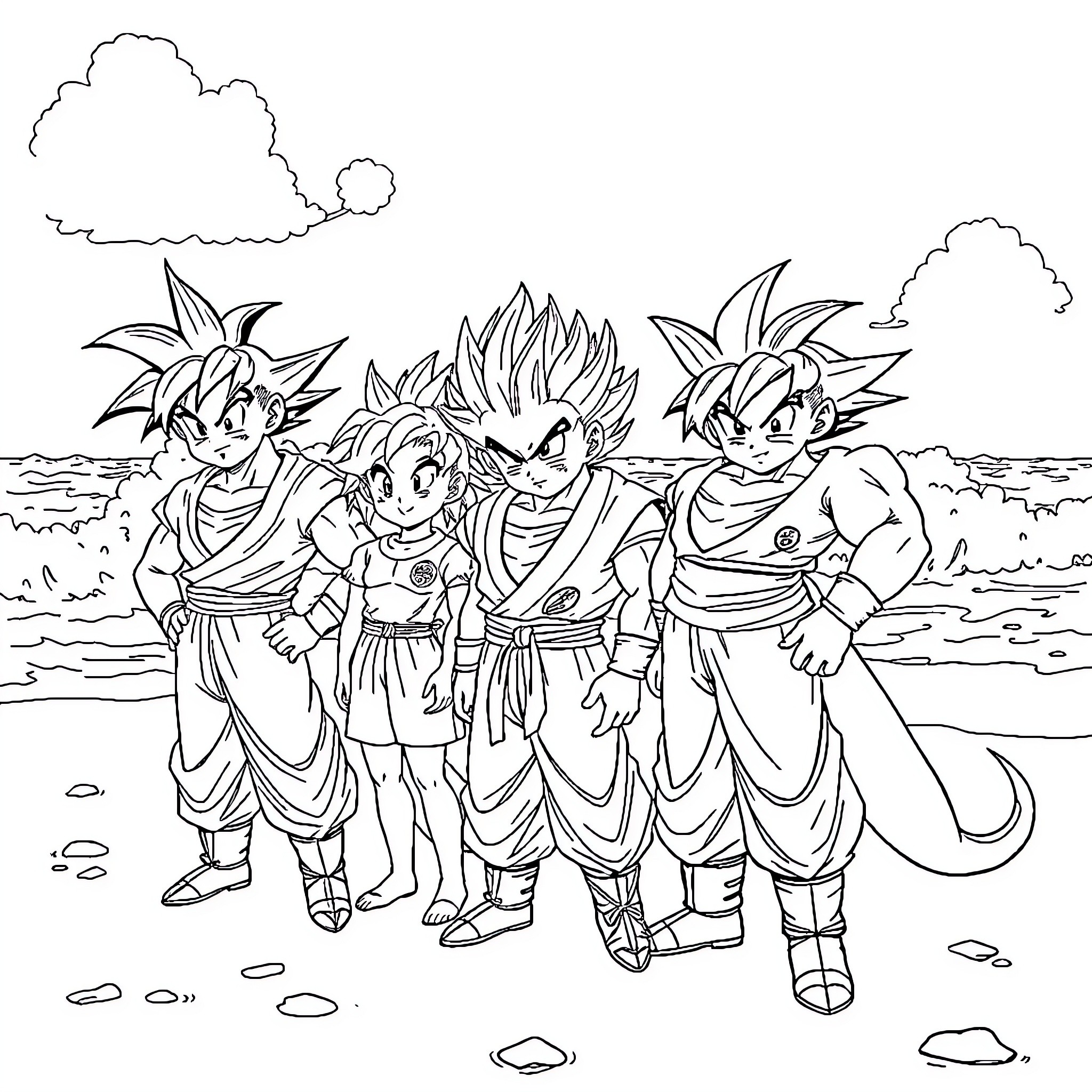 Dragon Ball Characters in an Outdoor Adventure Coloring Page (free black-and-white line drawing printable PDF for all, from beginners to advanced learners, including children, teens, adults, and seniors)
