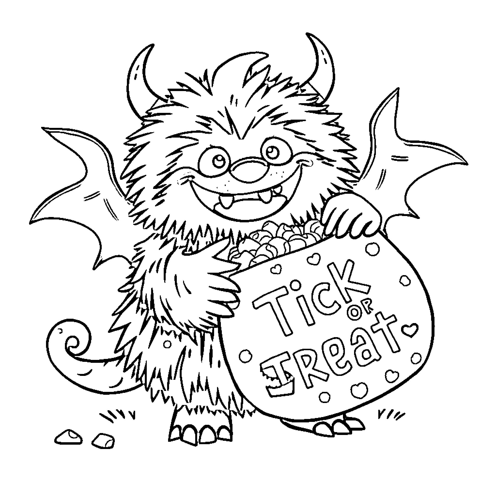 Monster expressing excitement with trick-or-treat bag Coloring Page (free black-and-white line drawing printable PDF for all, from beginners to advanced learners, including children, teens, adults, and seniors)