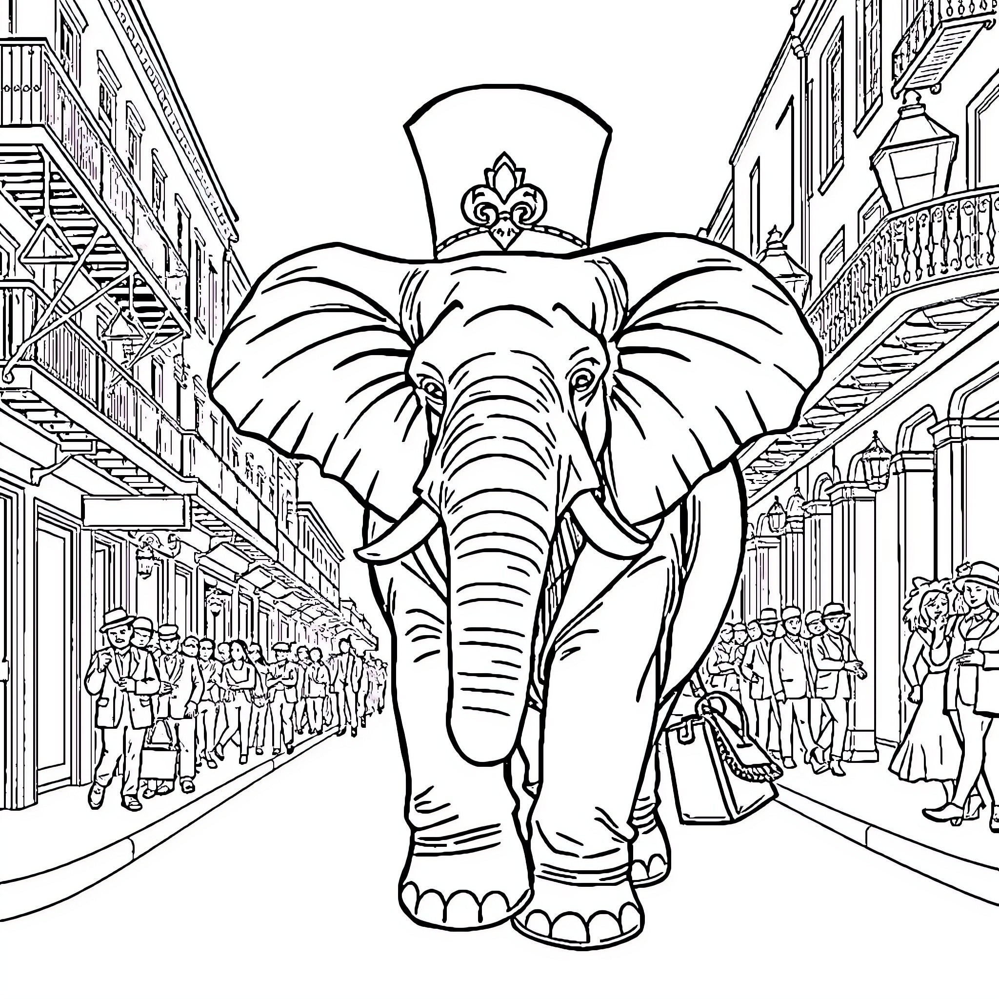 Elephant parading through a crowded city street Coloring Page (free black-and-white line drawing printable PDF for all, from beginners to advanced learners, including children, teens, adults, and seniors)