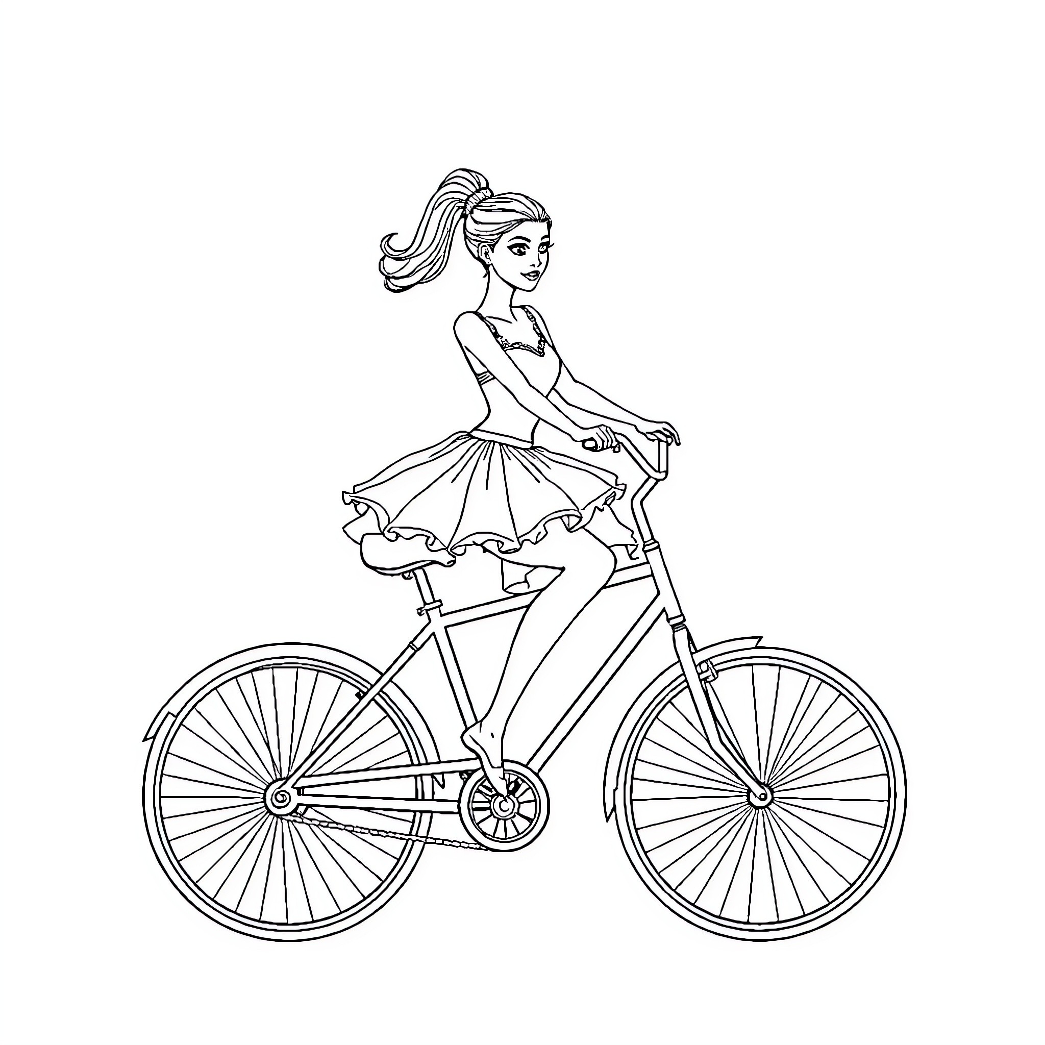 Ballerina riding a vintage bicycle Coloring Page (free black-and-white line drawing printable PDF for all, from beginners to advanced learners, including children, teens, adults, and seniors)