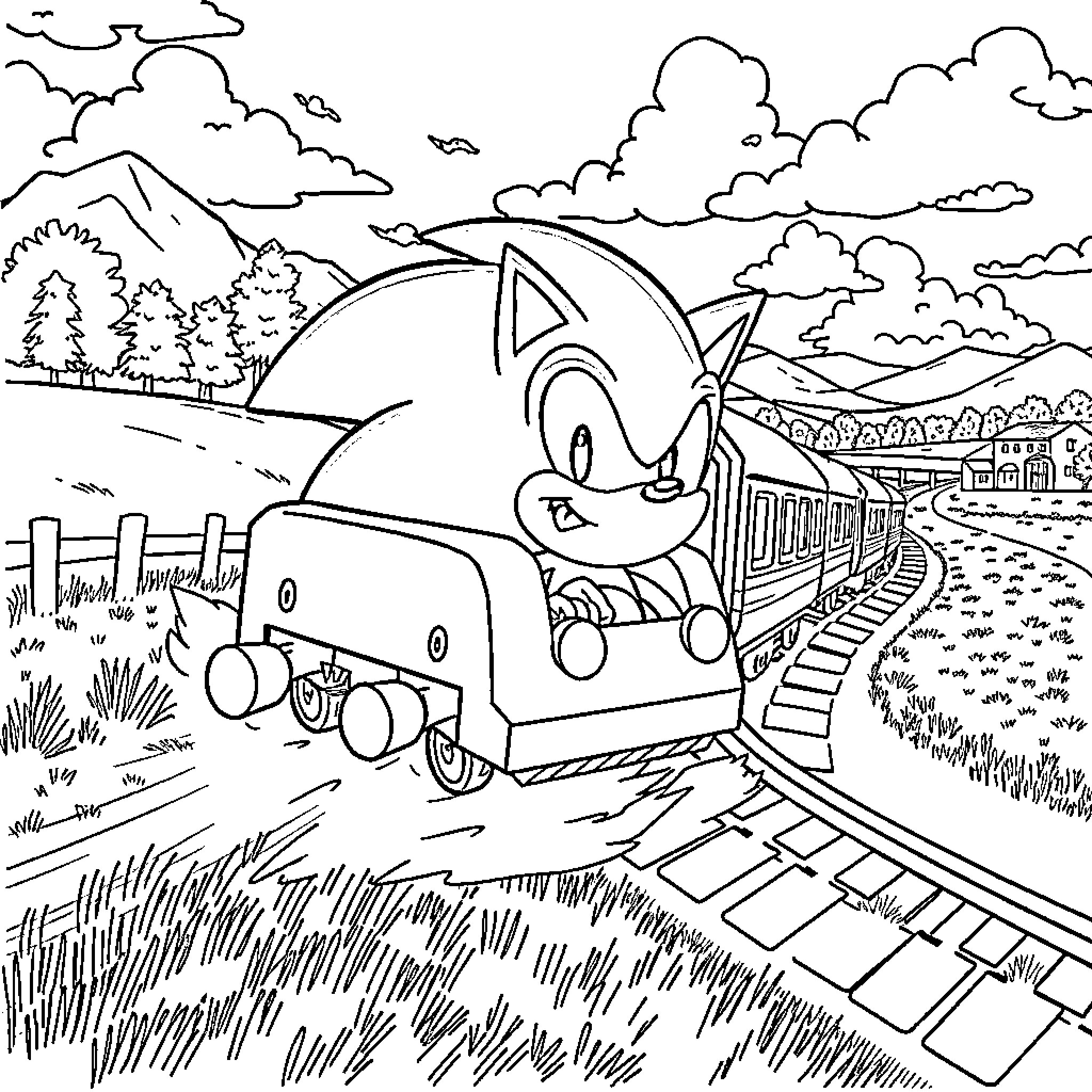 Sonic's High-Speed Adventure on the Train Tracks Coloring Page (free black-and-white line drawing printable PDF for all, from beginners to advanced learners, including children, teens, adults, and seniors)