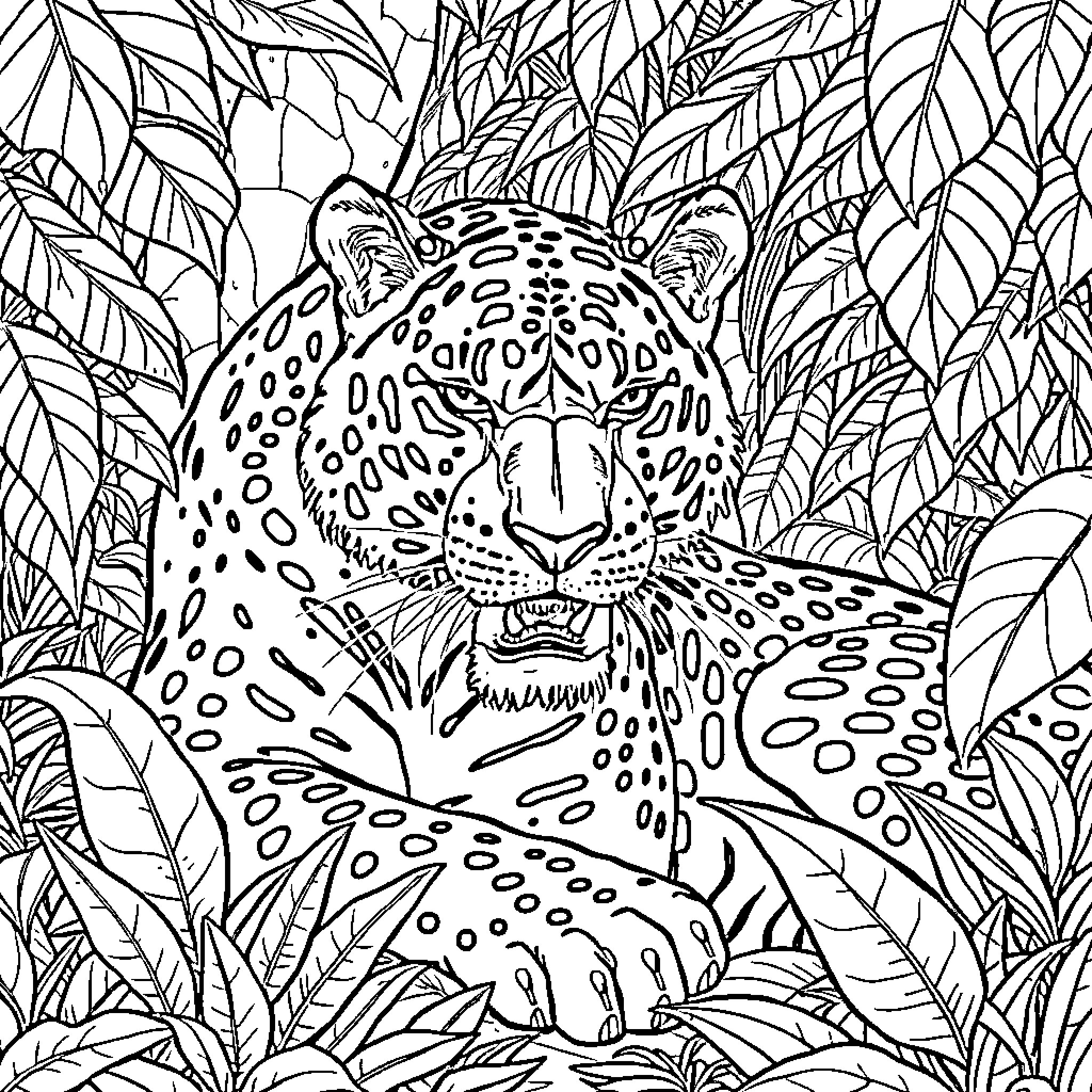 Pantera - Leopard in the Jungle Foliage Coloring Page (free black-and-white line drawing printable PDF for all, from beginners to advanced learners, including children, teens, adults, and seniors)