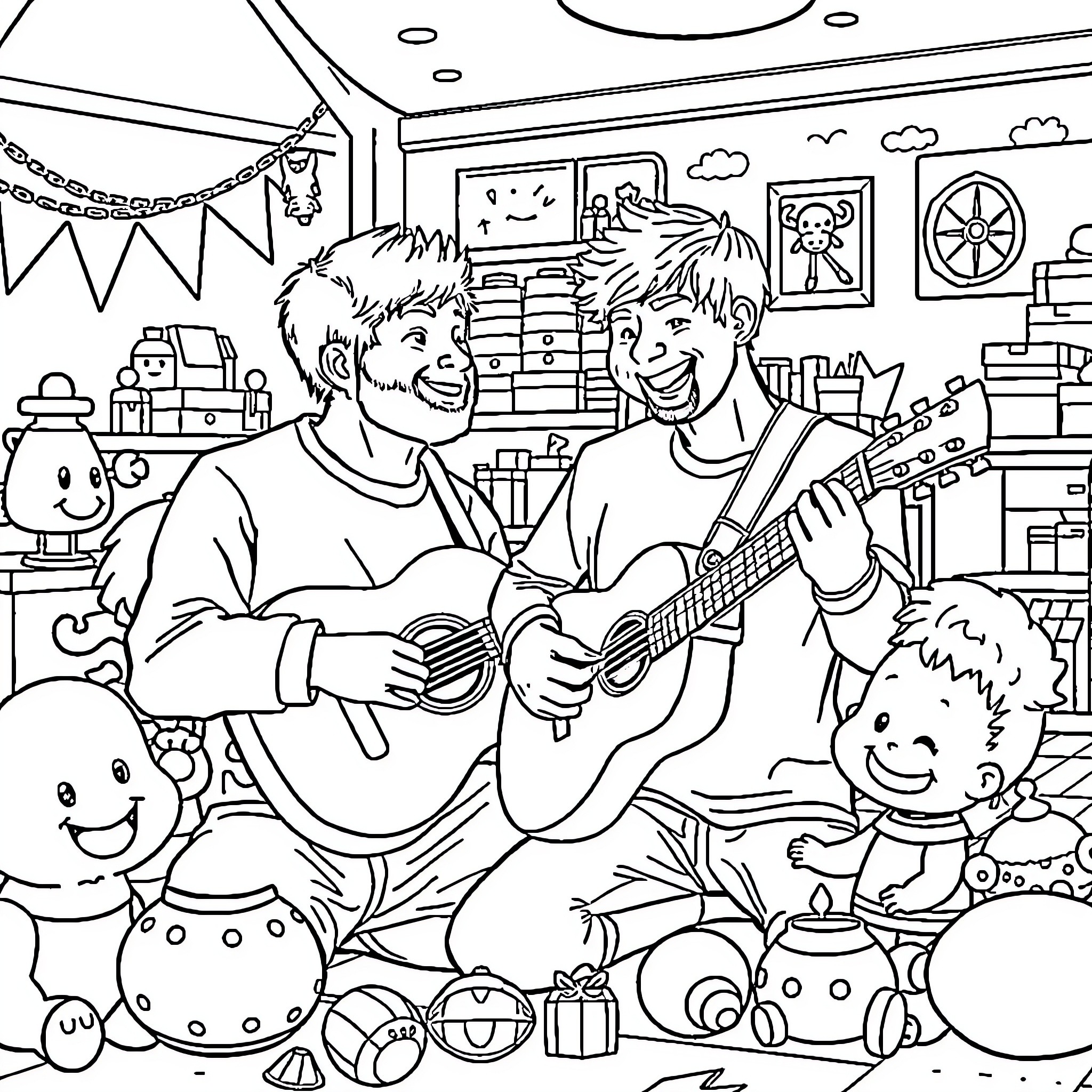 Ed Sheeran and friends performing in a colorful room Coloring Page (free black-and-white line drawing printable PDF for all, from beginners to advanced learners, including children, teens, adults, and seniors)