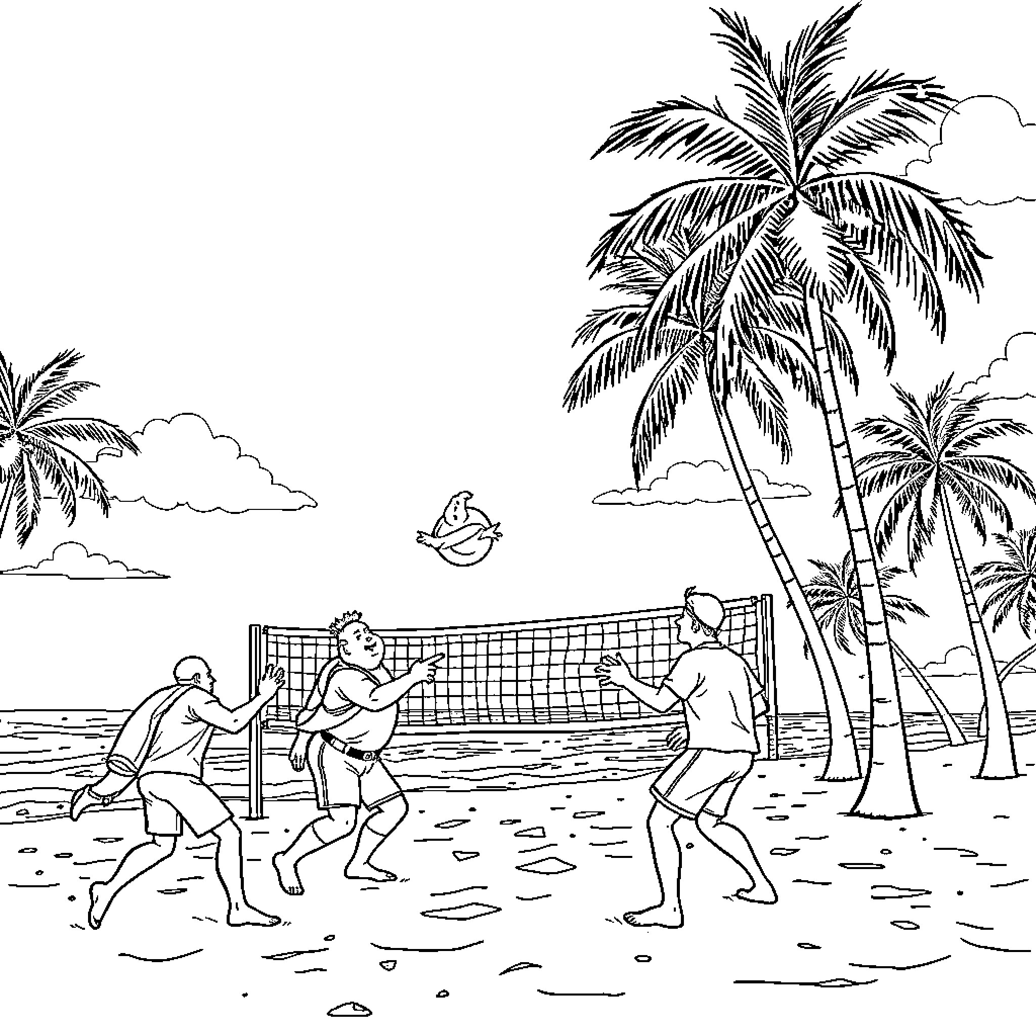 Ghostbuster play beach volleyball under palm trees Coloring Page (free black-and-white line drawing printable PDF for all, from beginners to advanced learners, including children, teens, adults, and seniors)