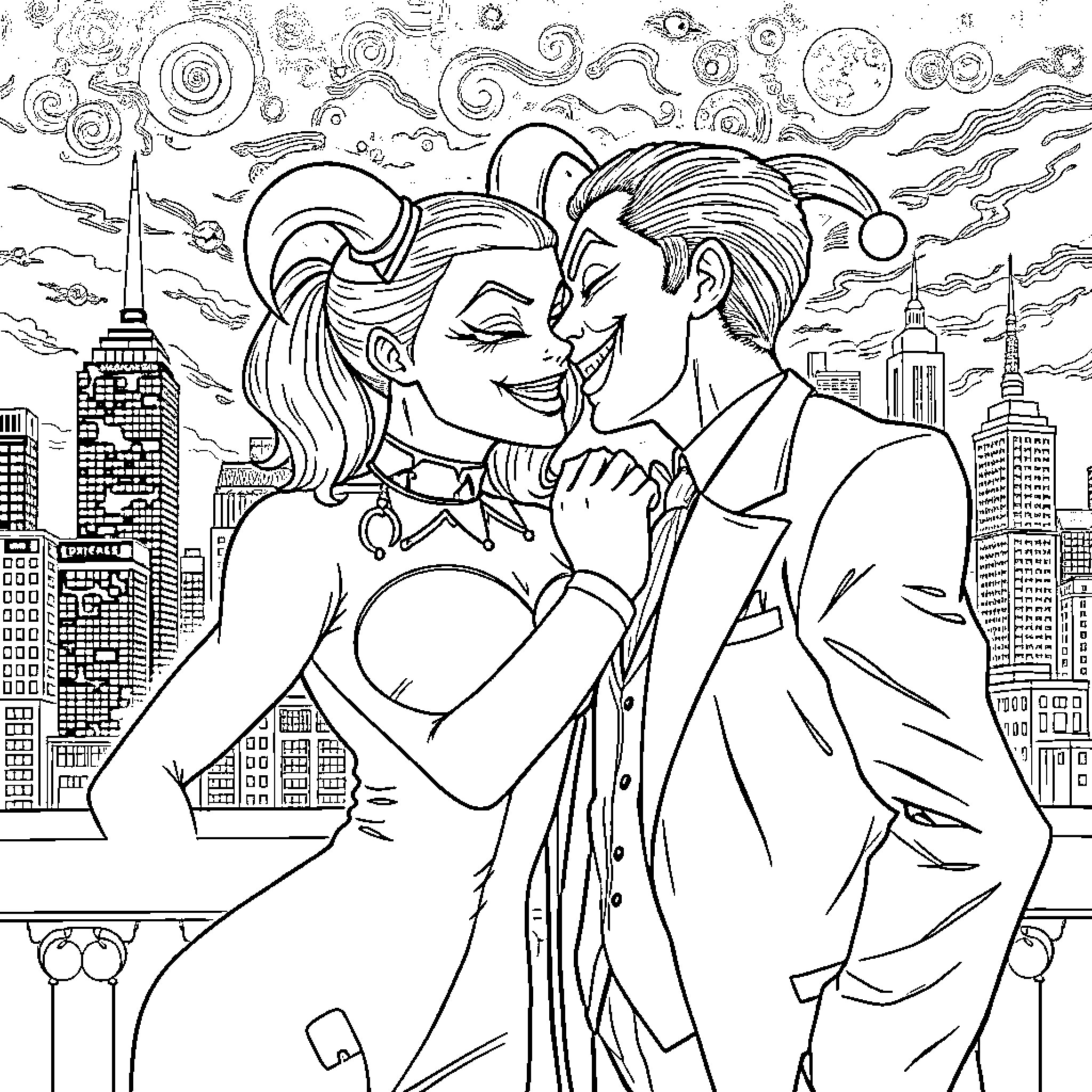 Harley Quinn and Joker's Romantic Embrace in the City Coloring Page (free black-and-white line drawing printable PDF for all, from beginners to advanced learners, including children, teens, adults, and seniors)
