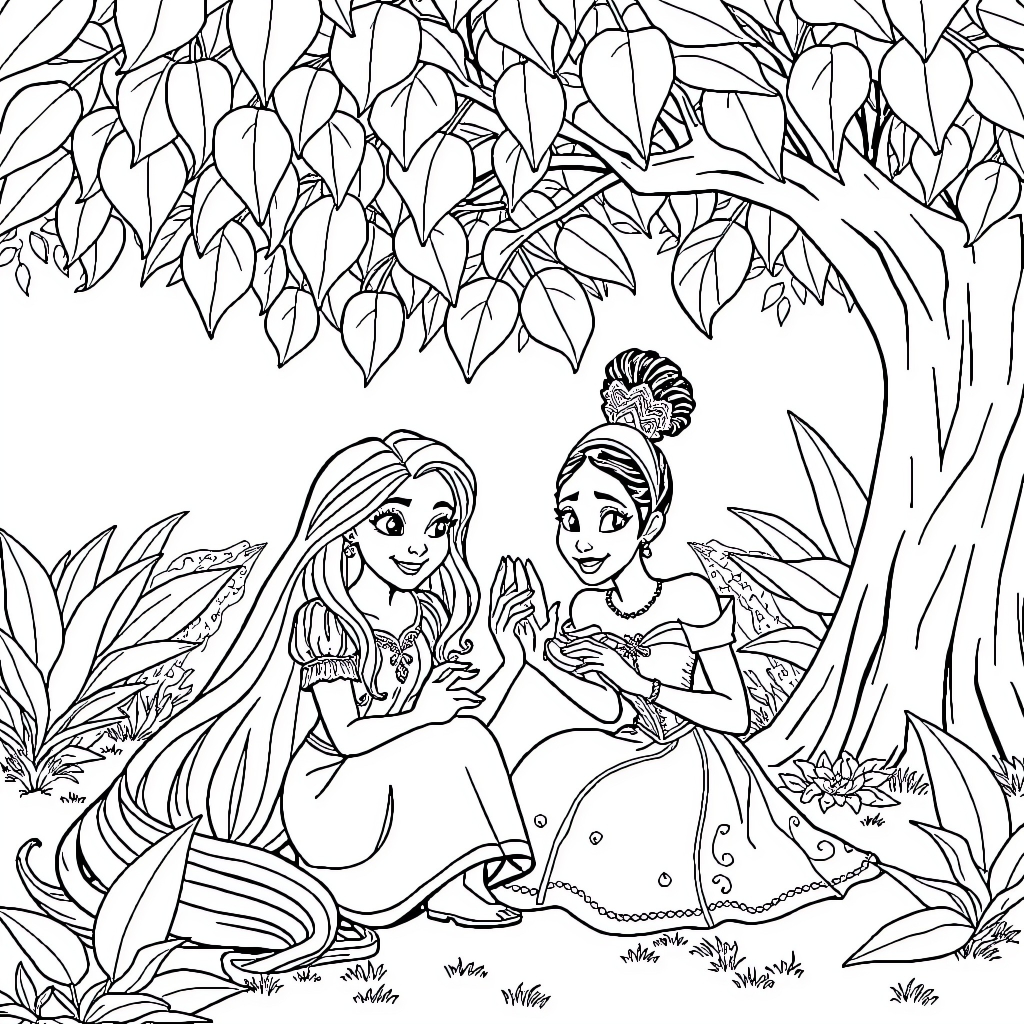 Rapunzel and Tiana's Enchanted Forest Adventure Coloring Page (free black-and-white line drawing printable PDF for all, from beginners to advanced learners, including children, teens, adults, and seniors)