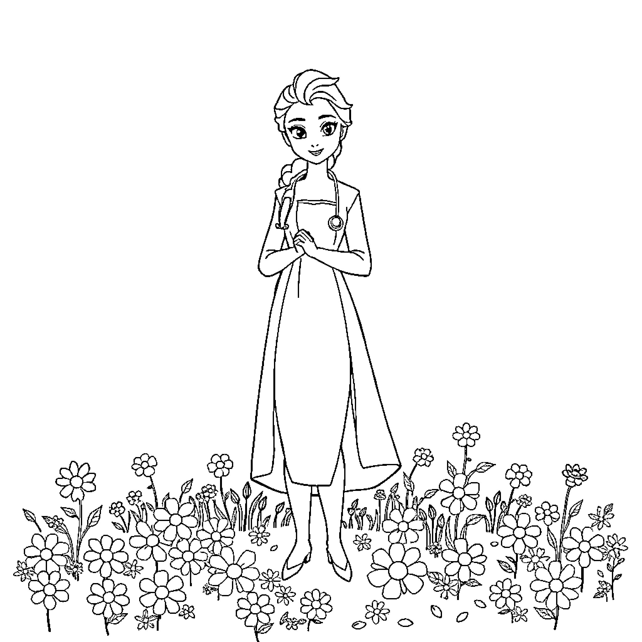 Elsa enjoying a flower-filled garden Coloring Page (free black-and-white line drawing printable PDF for all, from beginners to advanced learners, including children, teens, adults, and seniors)