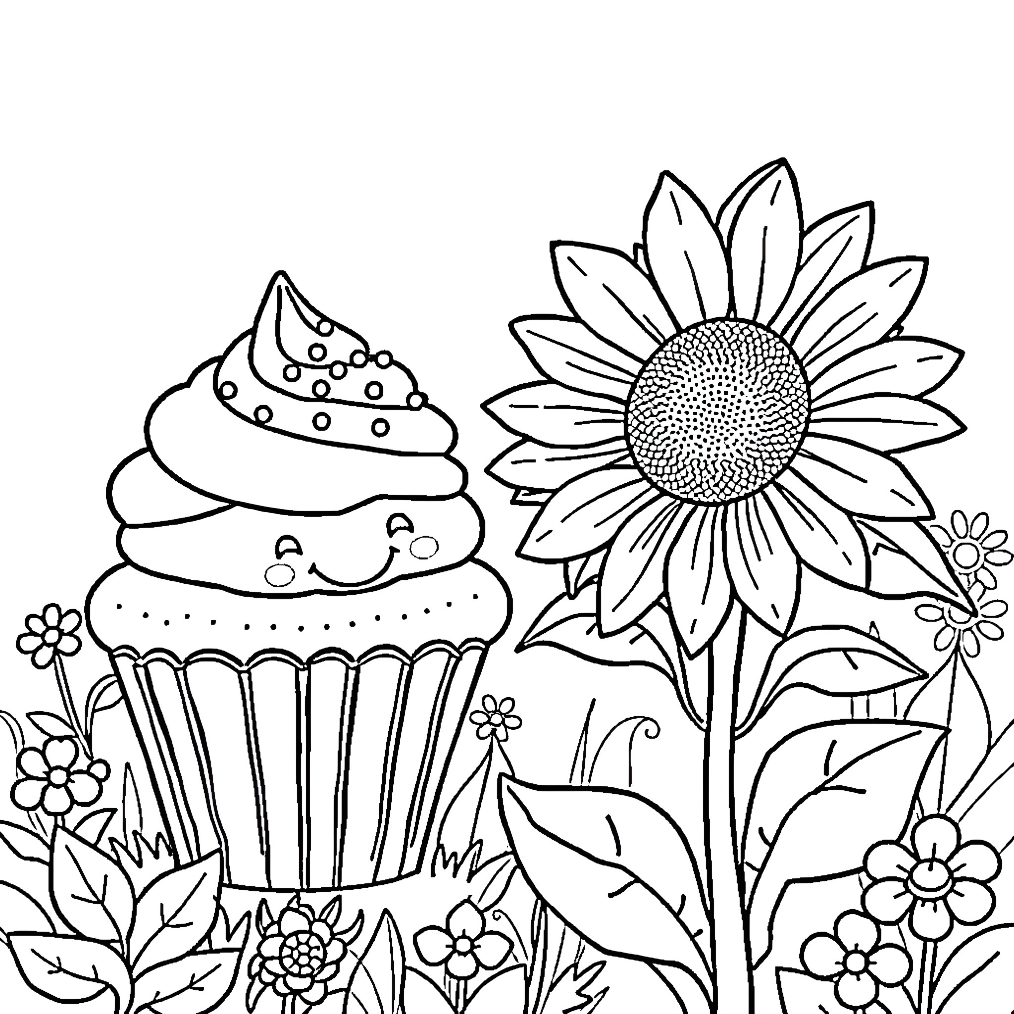 Cupcake with sunflower and floral garden Coloring Page (free black-and-white line drawing printable PDF for all, from beginners to advanced learners, including children, teens, adults, and seniors)