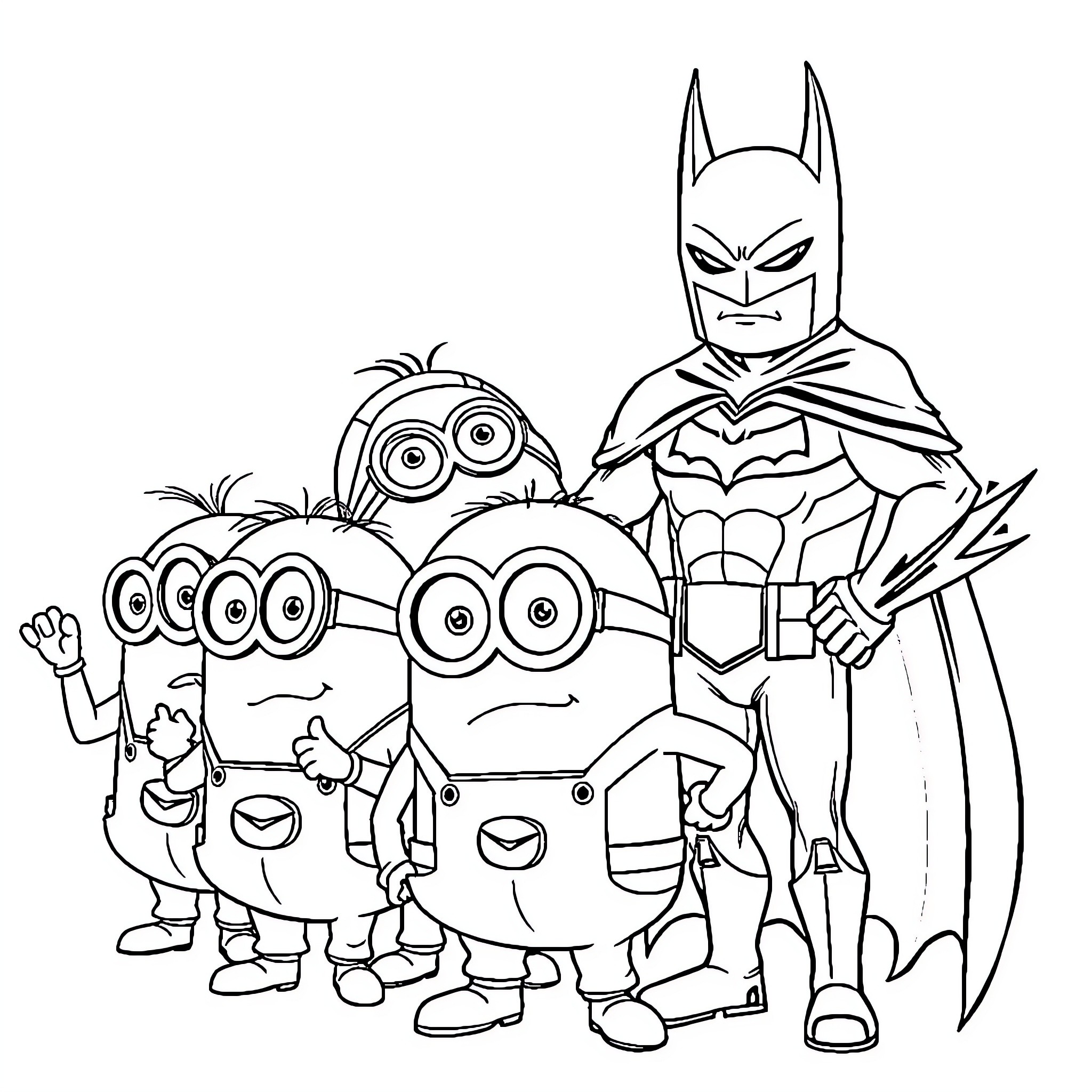 Minions interacting with a superhero Coloring Page (free black-and-white line drawing printable PDF for all, from beginners to advanced learners, including children, teens, adults, and seniors)