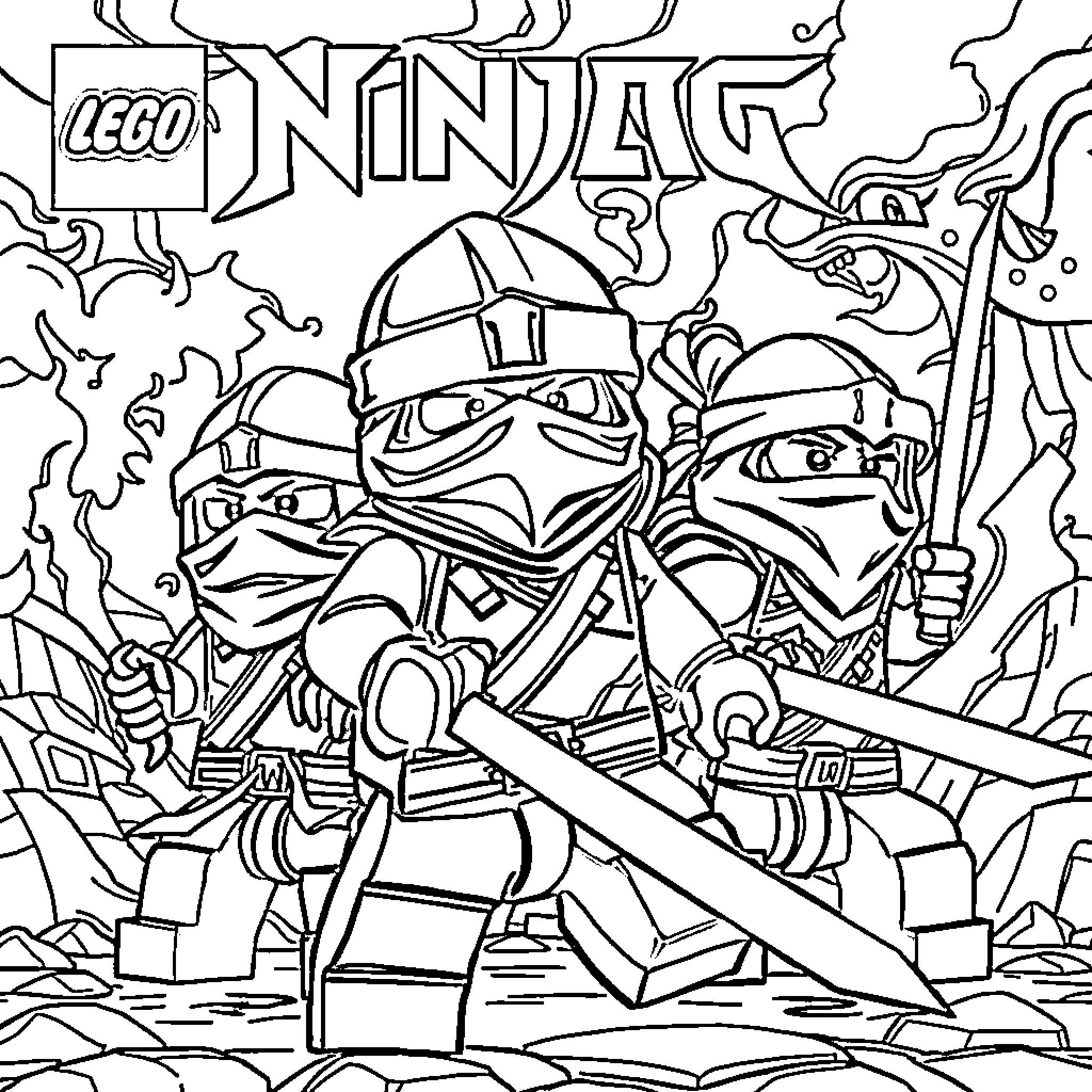 Ninjago warriors in action-packed scene Coloring Page (free black-and-white line drawing printable PDF for all, from beginners to advanced learners, including children, teens, adults, and seniors)