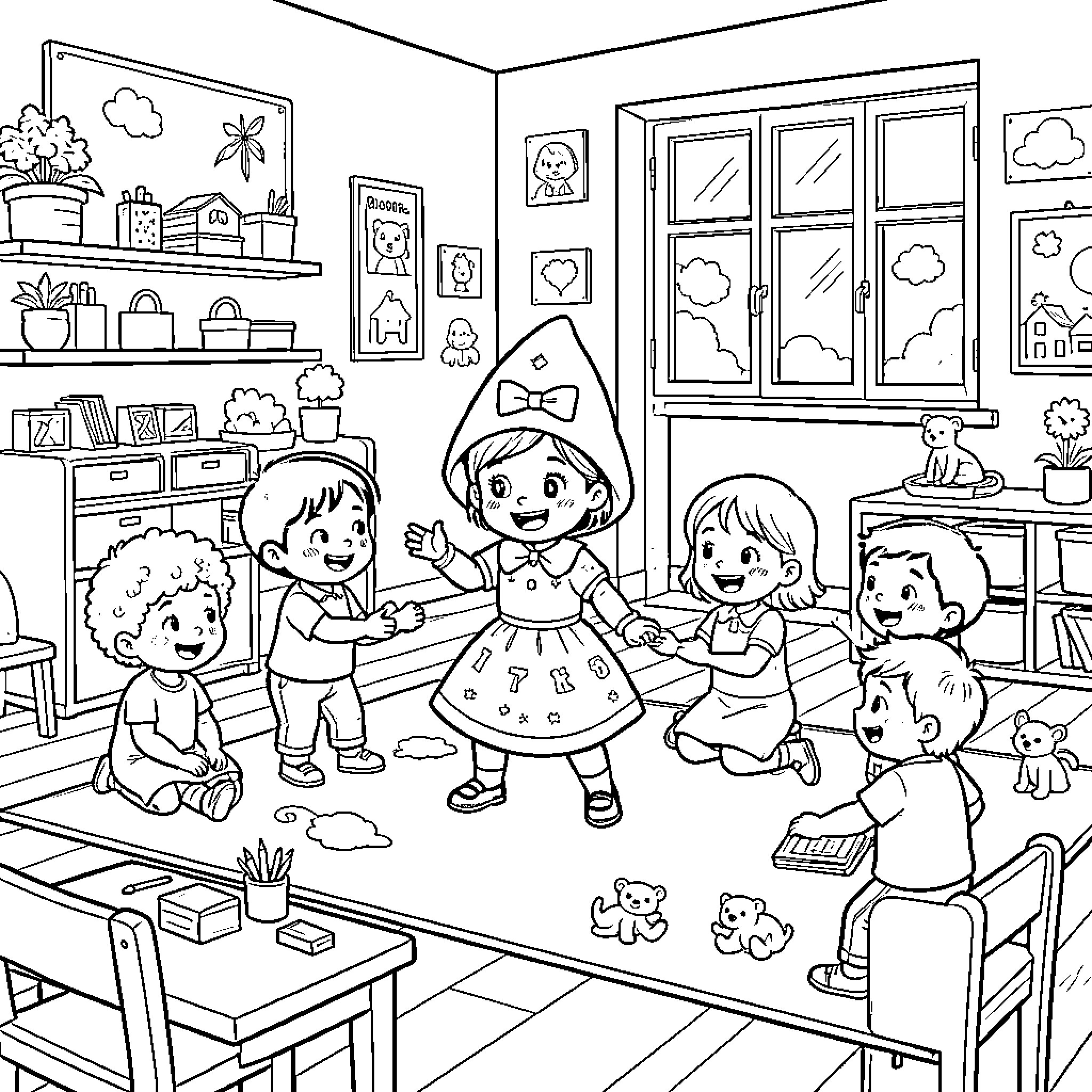 Little Red Riding Hood playing with friends in a playroom Coloring Page (free black-and-white line drawing printable PDF for all, from beginners to advanced learners, including children, teens, adults, and seniors)