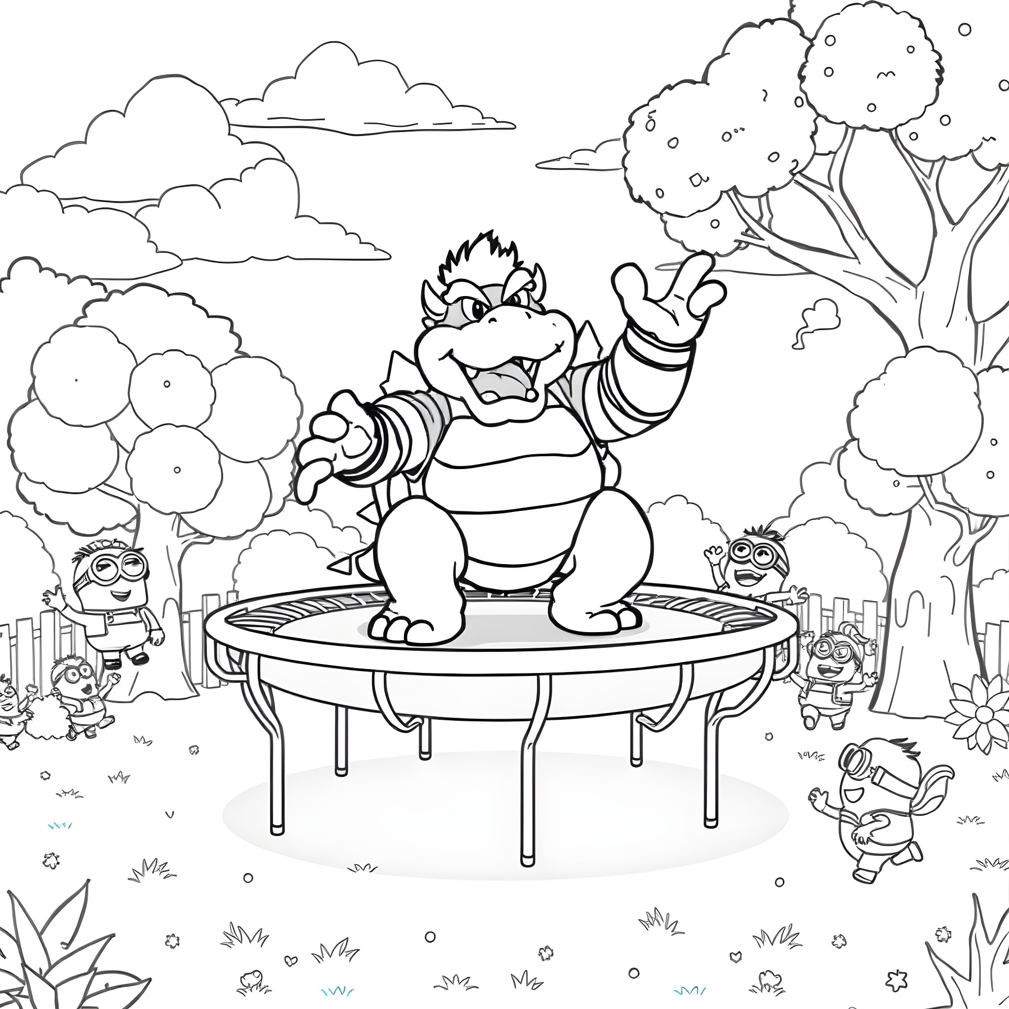 Bowser playing happily on a trampoline with Koopa Troopas Coloring Page (free black-and-white line drawing printable PDF for all, from beginners to advanced learners, including children, teens, adults, and seniors)