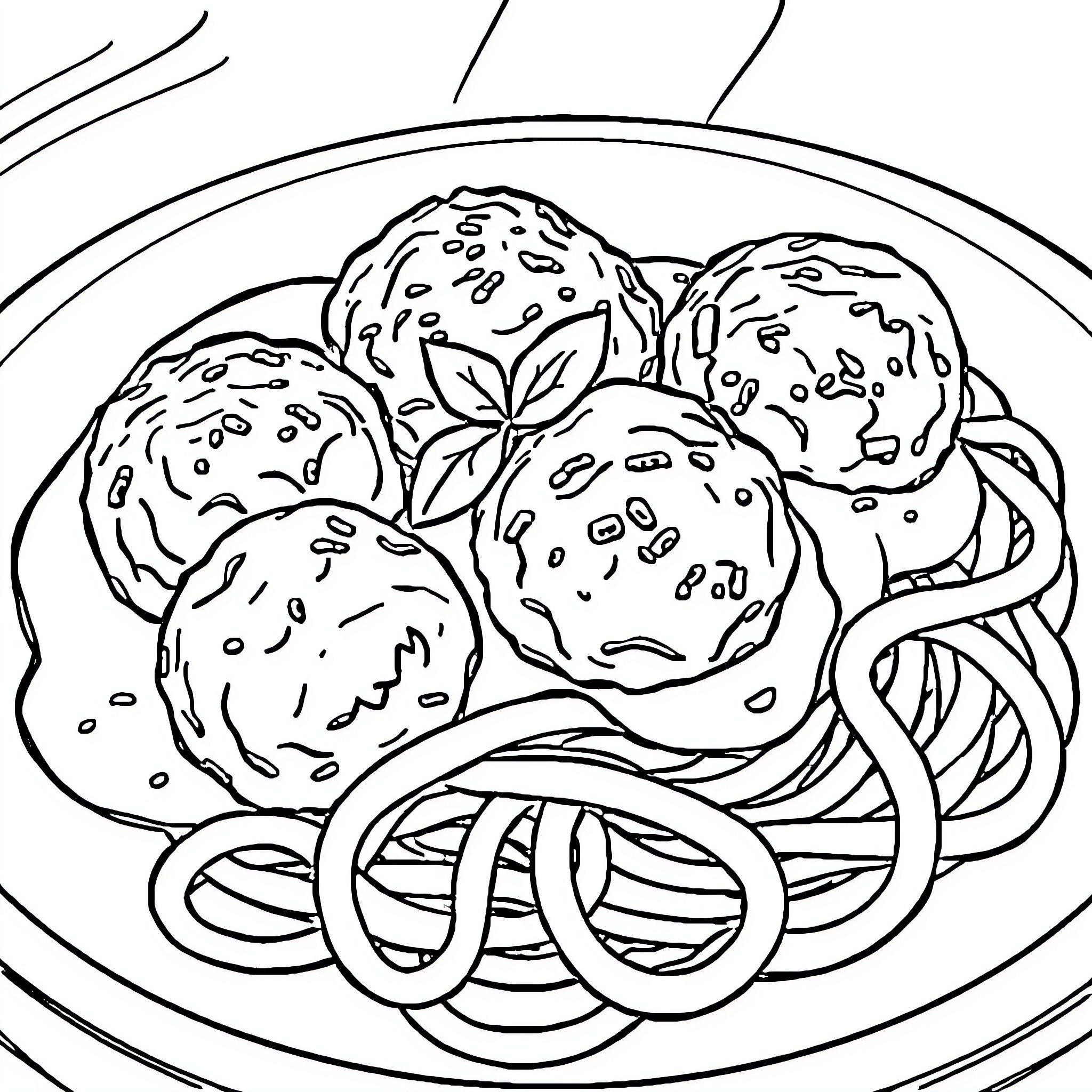 Meatball Feast on Spaghetti Coloring Page (free black-and-white line drawing printable PDF for all, from beginners to advanced learners, including children, teens, adults, and seniors)