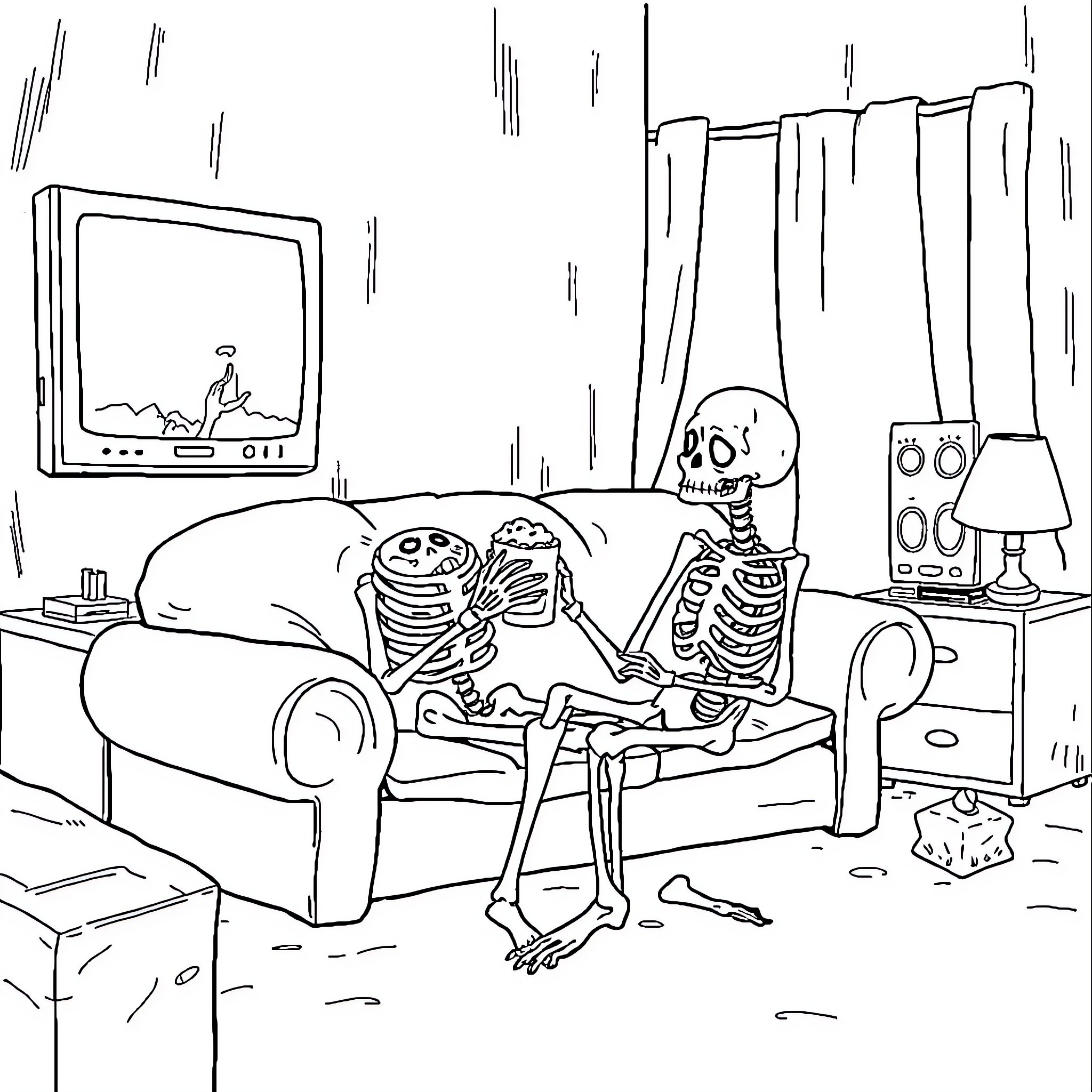 Skeleton Pair Watching Television on the Couch Coloring Page (free black-and-white line drawing printable PDF for all, from beginners to advanced learners, including children, teens, adults, and seniors)