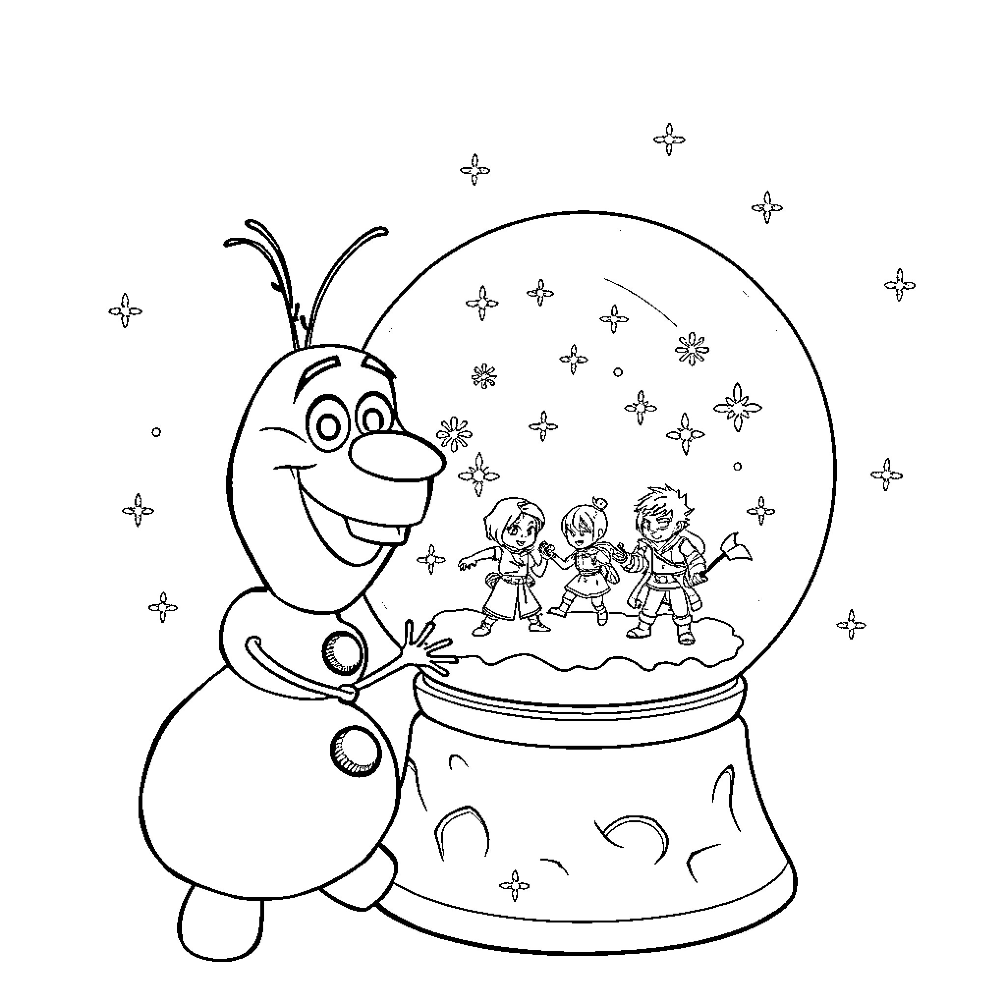 Olaf playing in a winter snow globe with children Coloring Page (free black-and-white line drawing printable PDF for all, from beginners to advanced learners, including children, teens, adults, and seniors)