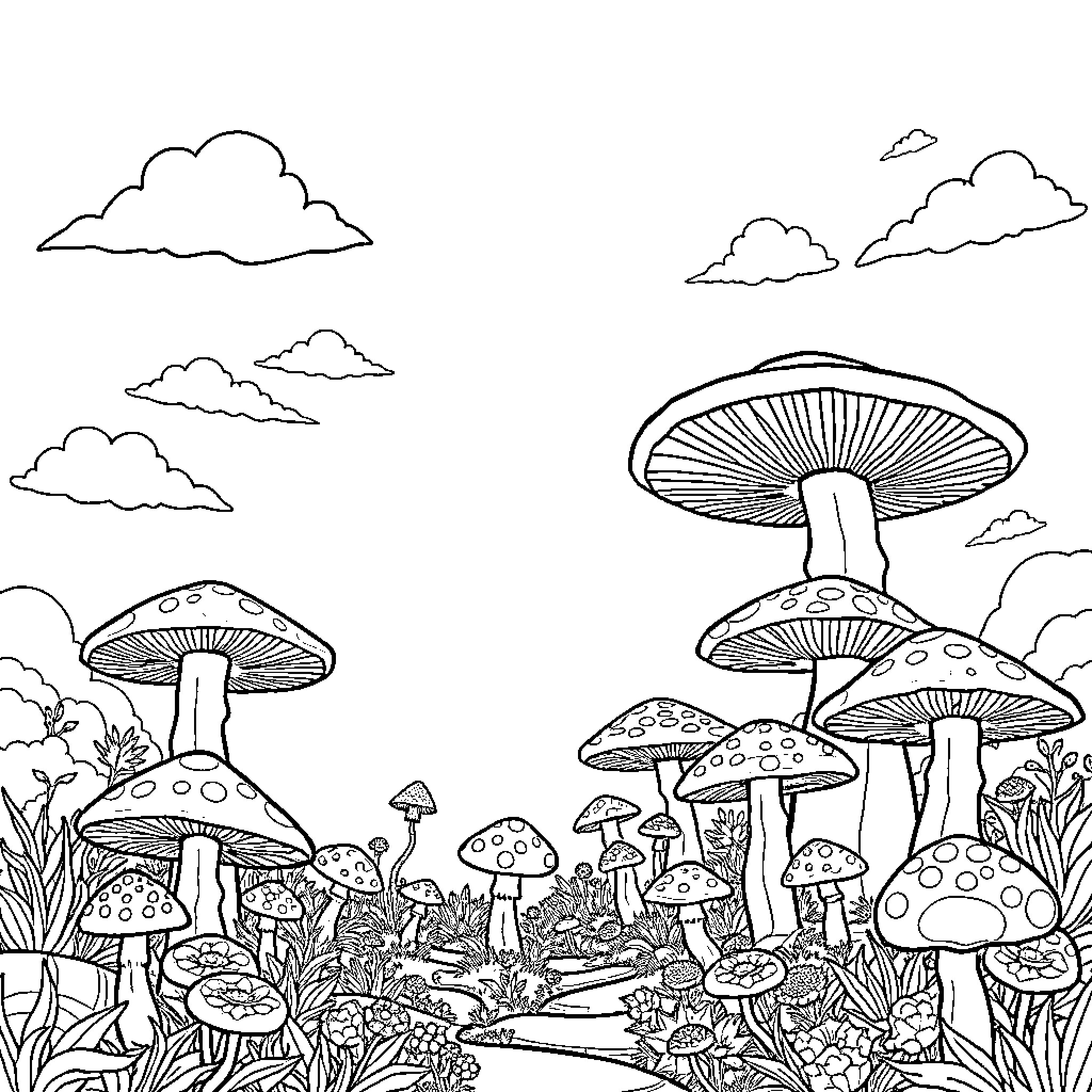Mushroom Forest with Whimsical Scenery Coloring Page (free black-and-white line drawing printable PDF for all, from beginners to advanced learners, including children, teens, adults, and seniors)