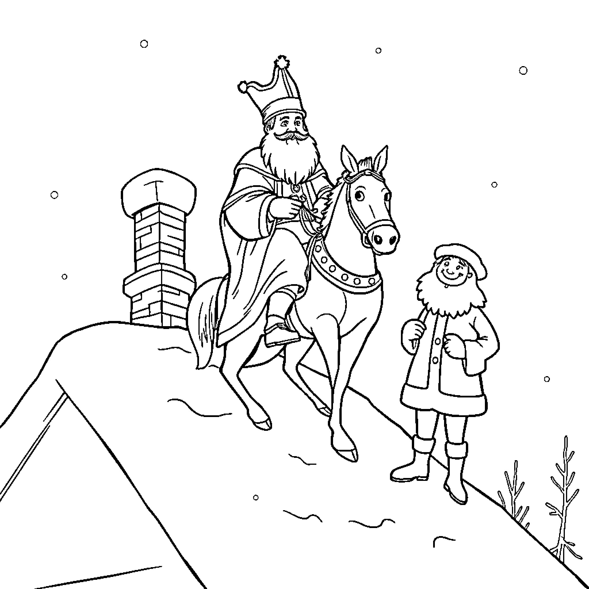 Saint Nicholas Riding a Donkey with Companion Coloring Page (free black-and-white line drawing printable PDF for all, from beginners to advanced learners, including children, teens, adults, and seniors)