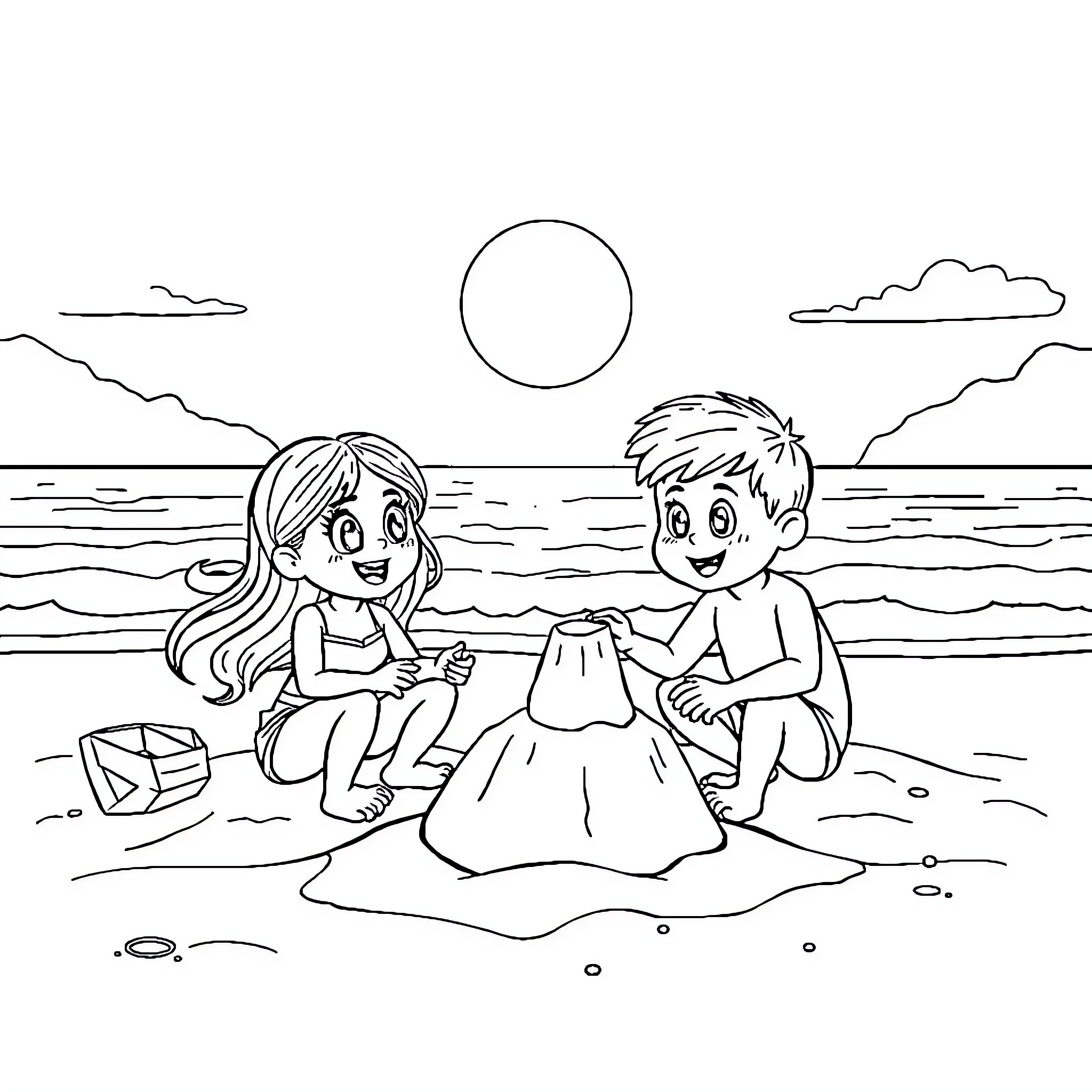 Bely y Beto playing joyfully on the beach Coloring Page (free black-and-white line drawing printable PDF for all, from beginners to advanced learners, including children, teens, adults, and seniors)