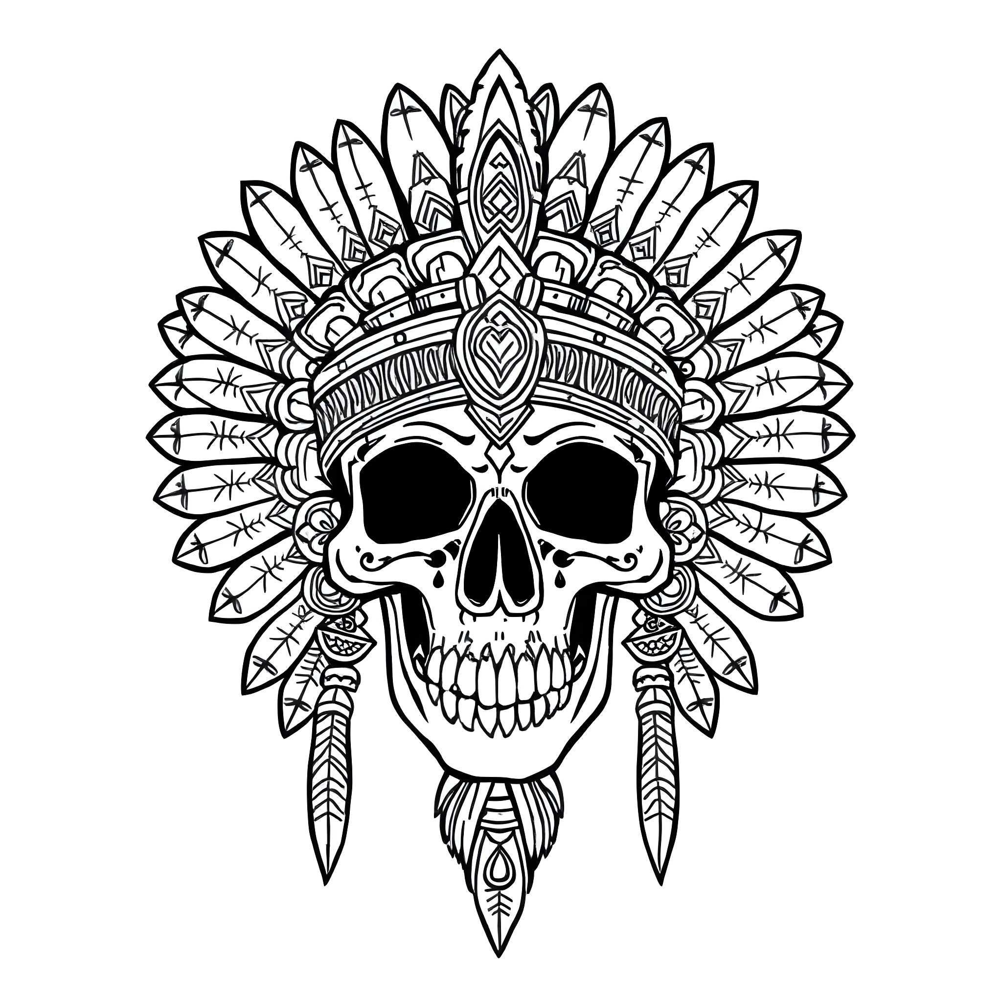Skull in ornamental Native American headdress Coloring Page (free black-and-white line drawing printable PDF for all, from beginners to advanced learners, including children, teens, adults, and seniors)