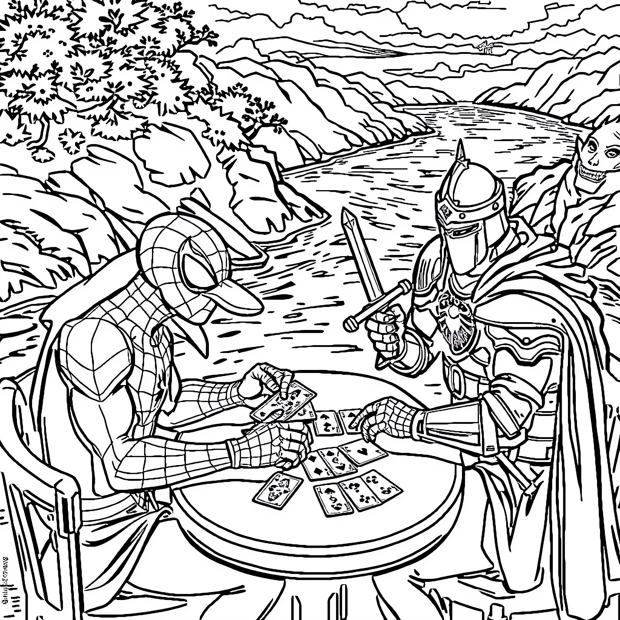 Spiderman playing cards with a knight in the forest Coloring Page (free black-and-white line drawing printable PDF for all, from beginners to advanced learners, including children, teens, adults, and seniors)