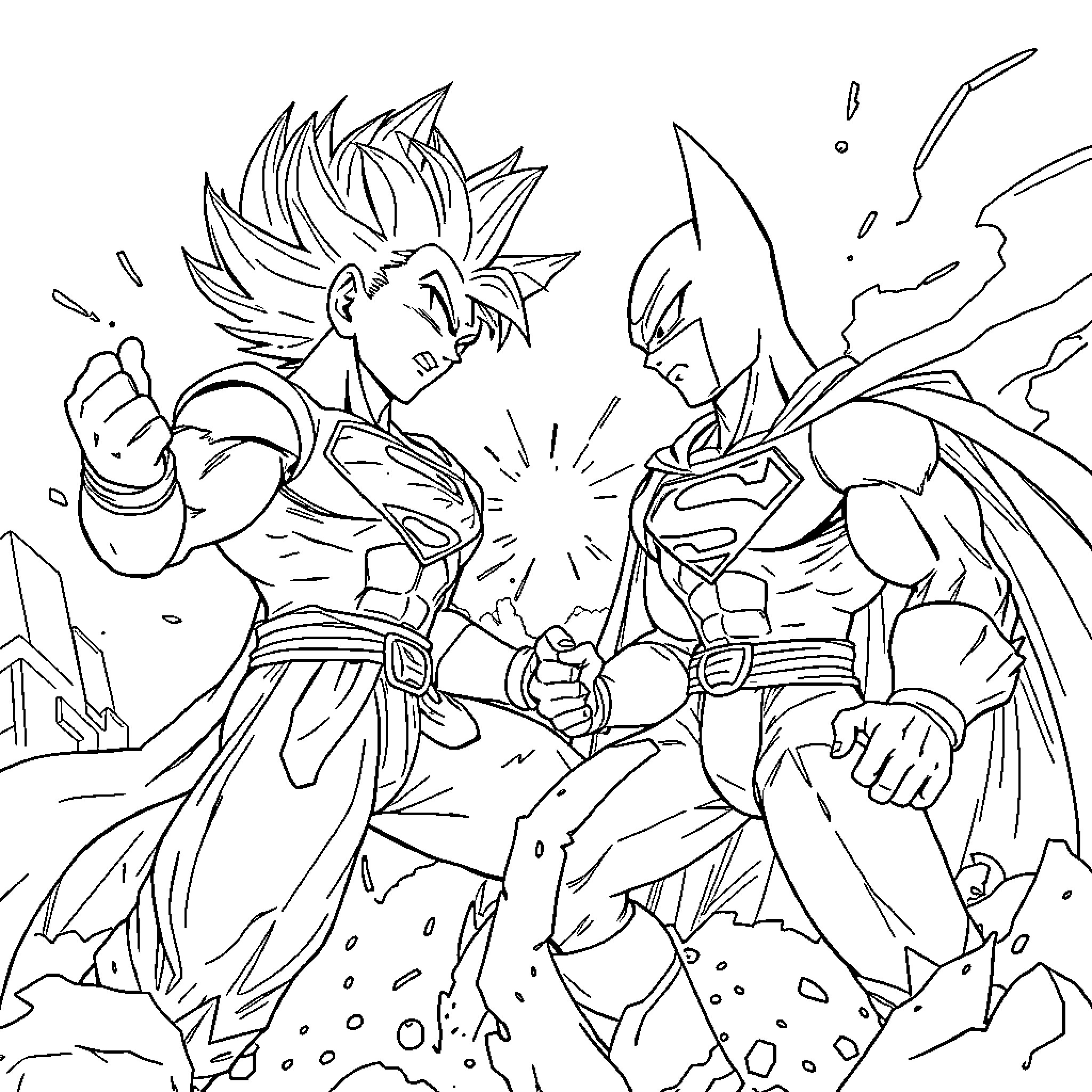 Vegeta facing off against a heroic figure Coloring Page (free black-and-white line drawing printable PDF for all, from beginners to advanced learners, including children, teens, adults, and seniors)