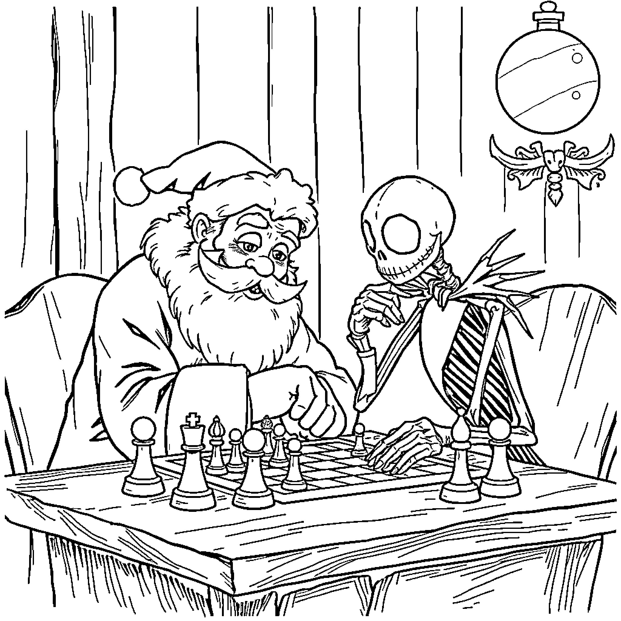 Santa playing chess with a skeleton in the forest Coloring Page (free black-and-white line drawing printable PDF for all, from beginners to advanced learners, including children, teens, adults, and seniors)