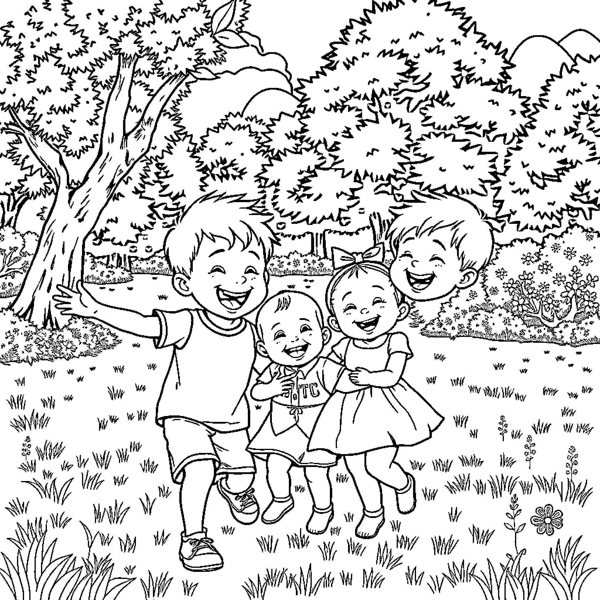 Children playing joyfully in the park Coloring Page (free black-and-white line drawing printable PDF for all, from beginners to advanced learners, including children, teens, adults, and seniors)