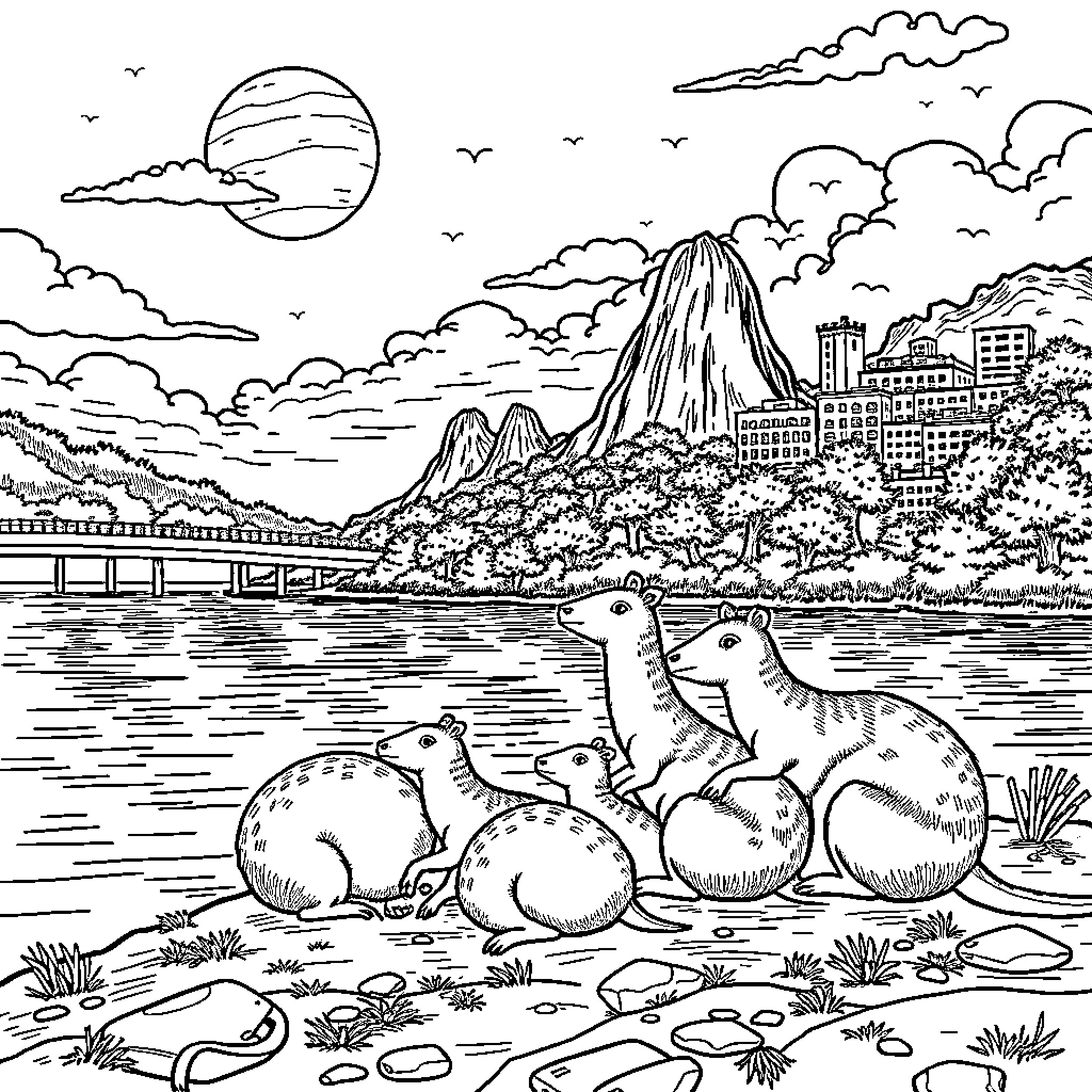 Capybara family enjoying the scenic landscape Coloring Page (free black-and-white line drawing printable PDF for all, from beginners to advanced learners, including children, teens, adults, and seniors)