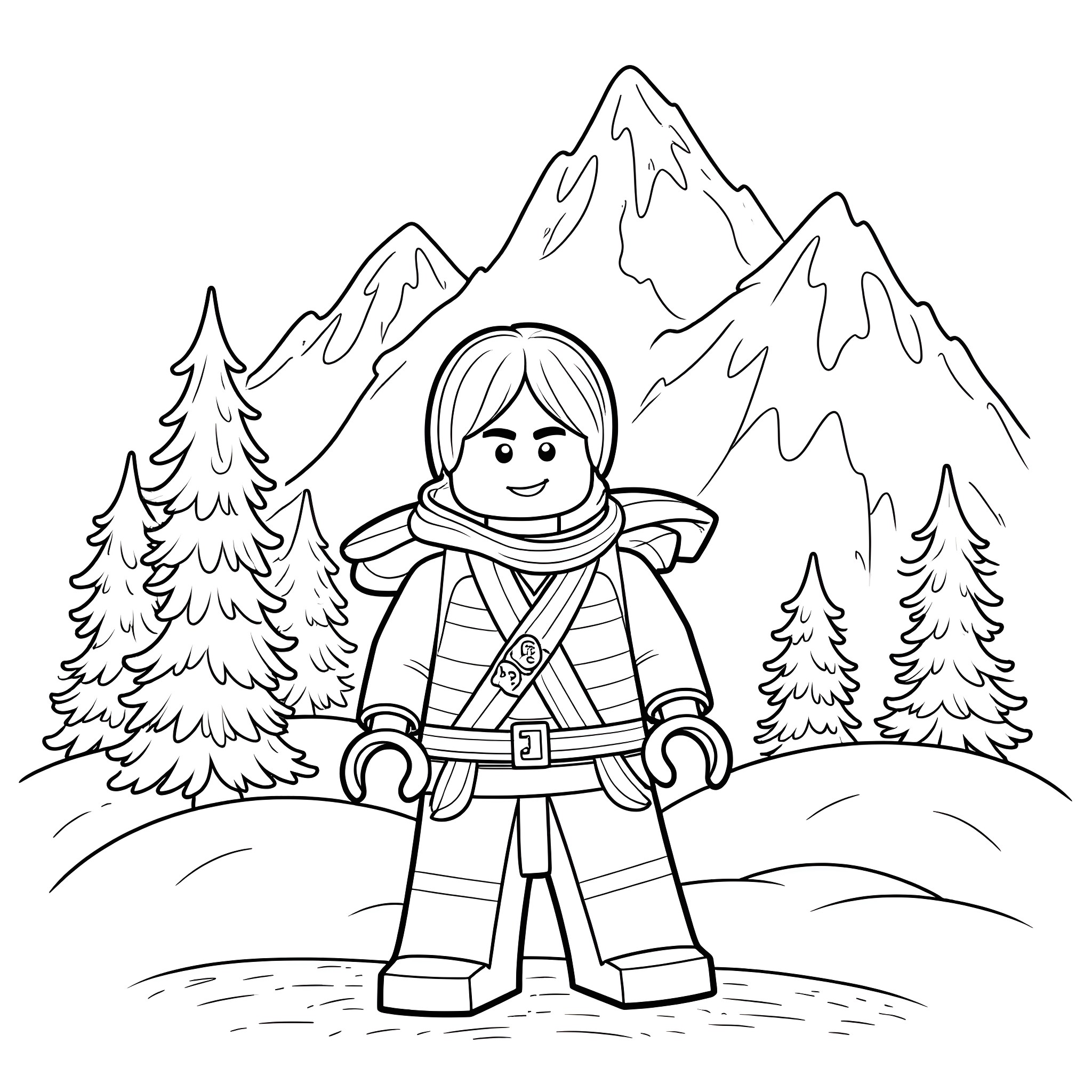 Loyd explores the snowy mountain landscape Coloring Page (free black-and-white line drawing printable PDF for all, from beginners to advanced learners, including children, teens, adults, and seniors)
