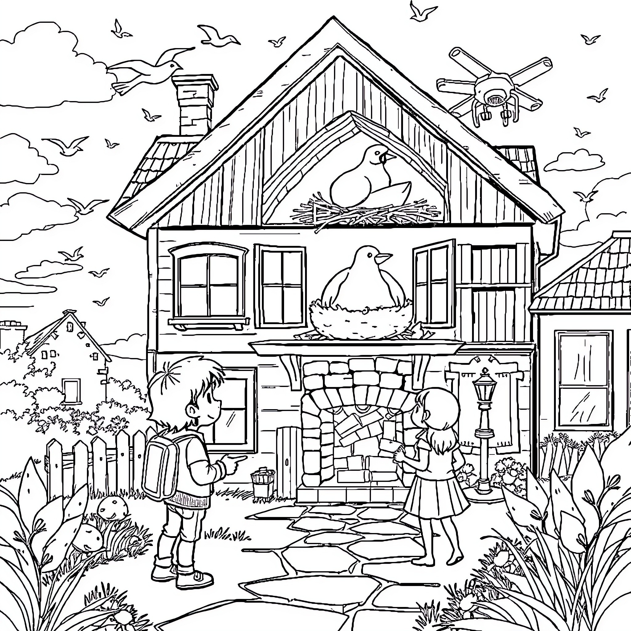 Cigogne sur le toit d'une maison rustique Coloring Page (free black-and-white line drawing printable PDF for all, from beginners to advanced learners, including children, teens, adults, and seniors)
