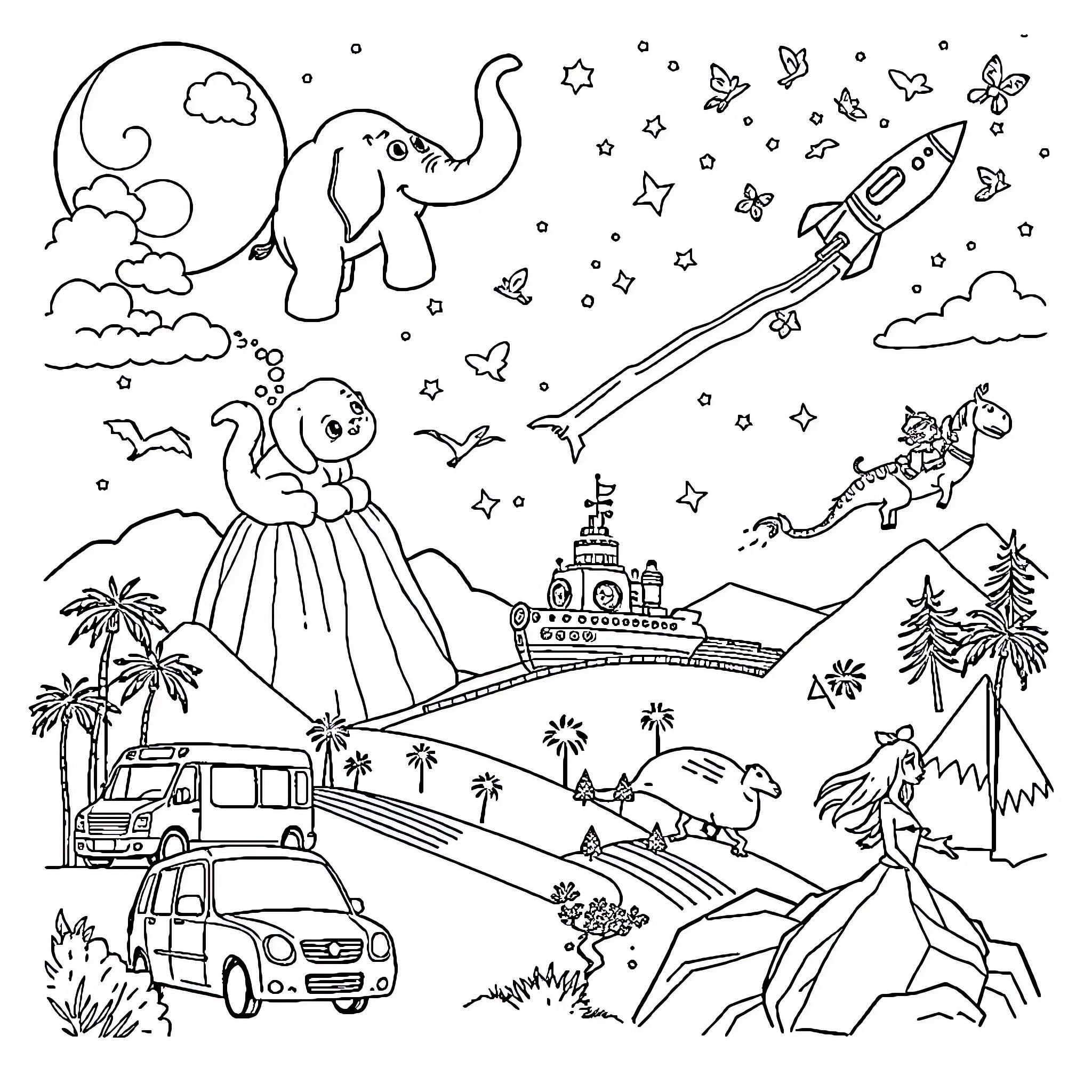 Animal Adventures in a Fantastical Landscape Coloring Page (free black-and-white line drawing printable PDF for all, from beginners to advanced learners, including children, teens, adults, and seniors)