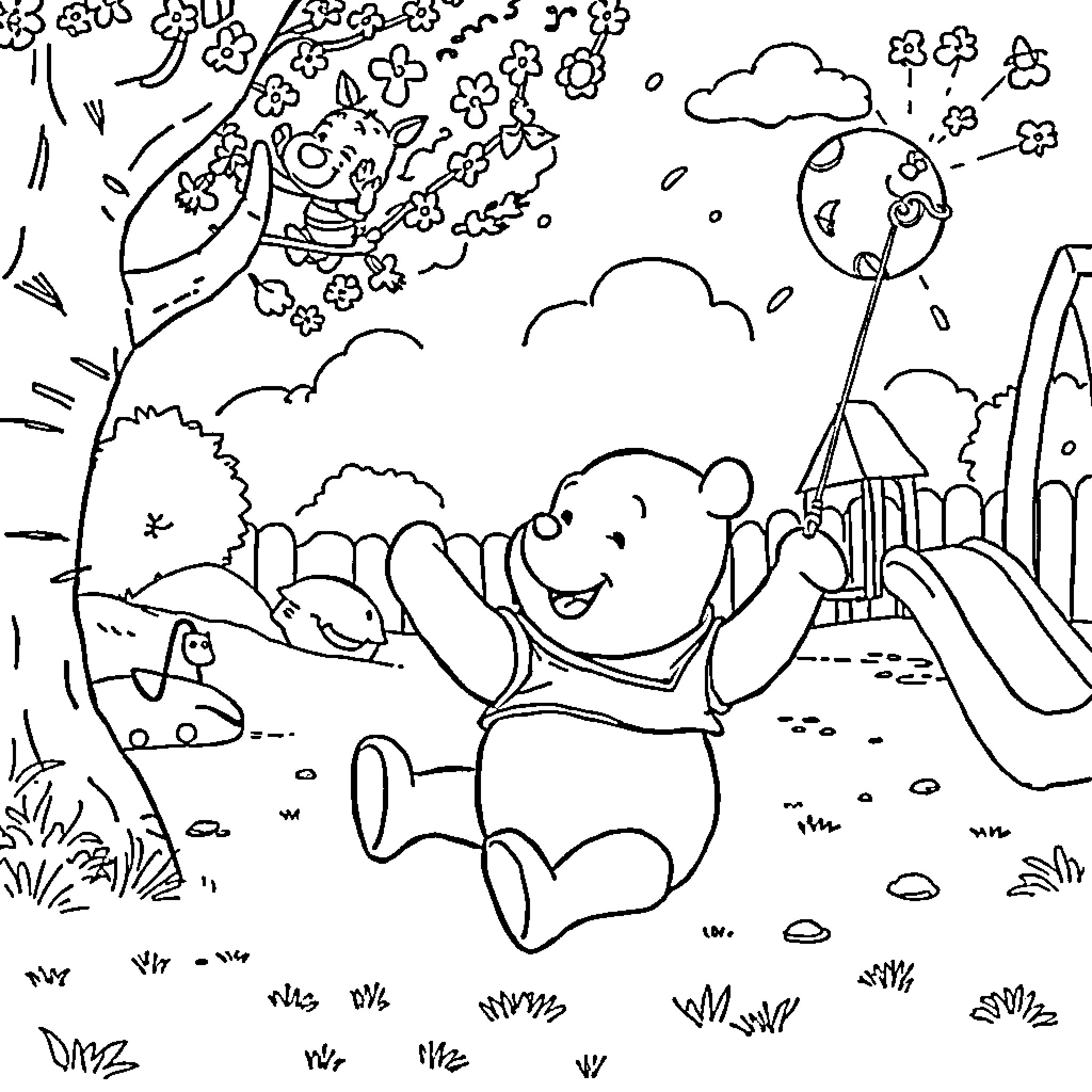 Winnie The Pooh enjoying a peaceful day in nature Coloring Page (free black-and-white line drawing printable PDF for all, from beginners to advanced learners, including children, teens, adults, and seniors)