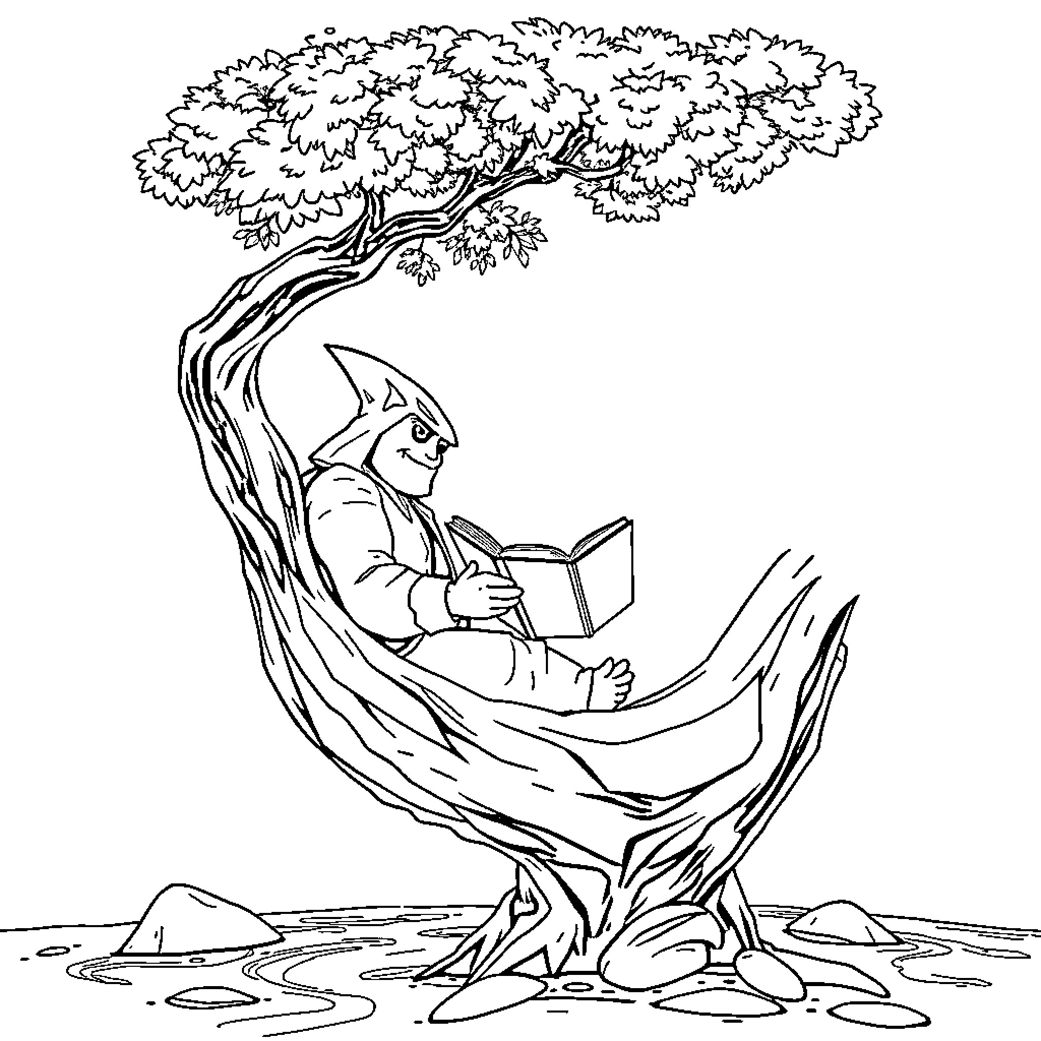 Monstruo reading a book under a tree Coloring Page (free black-and-white line drawing printable PDF for all, from beginners to advanced learners, including children, teens, adults, and seniors)
