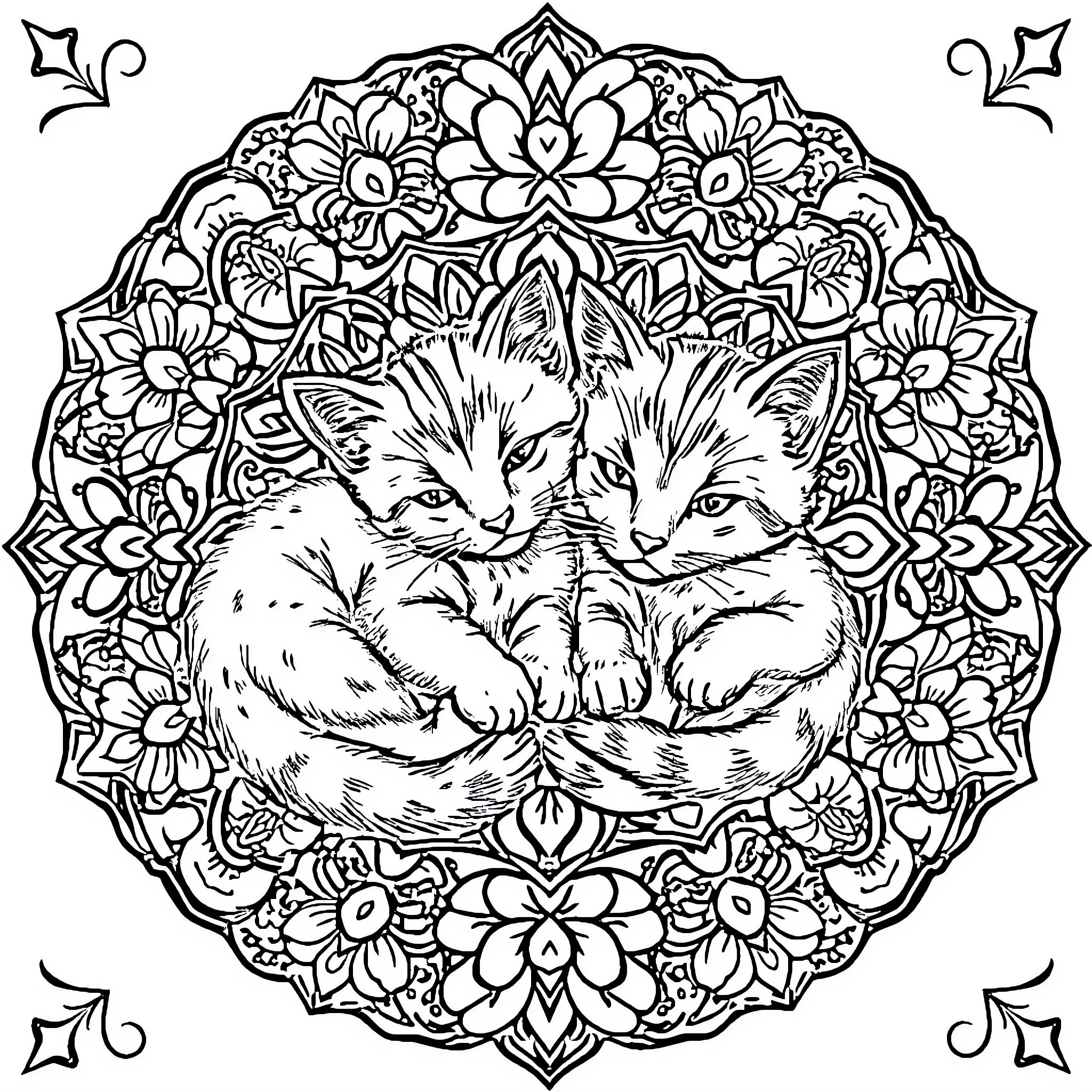 Kittens cuddling in floral mandala Coloring Page (free black-and-white line drawing printable PDF for all, from beginners to advanced learners, including children, teens, adults, and seniors)