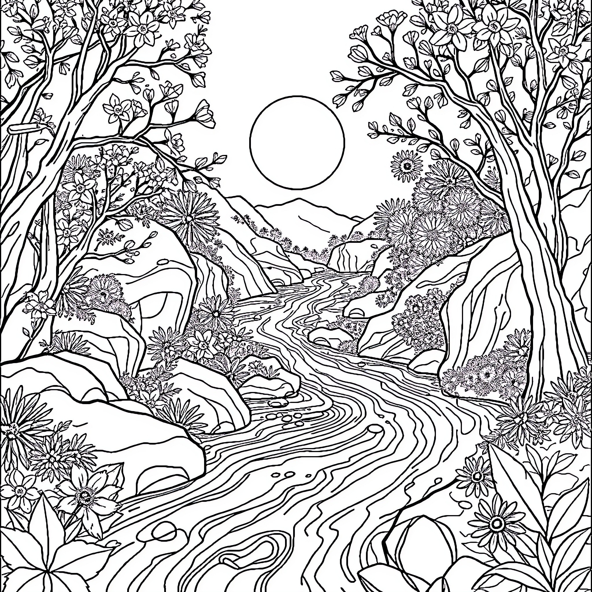 Word Floral Meadow Path with Moon Coloring Page (free black-and-white line drawing printable PDF for all, from beginners to advanced learners, including children, teens, adults, and seniors)