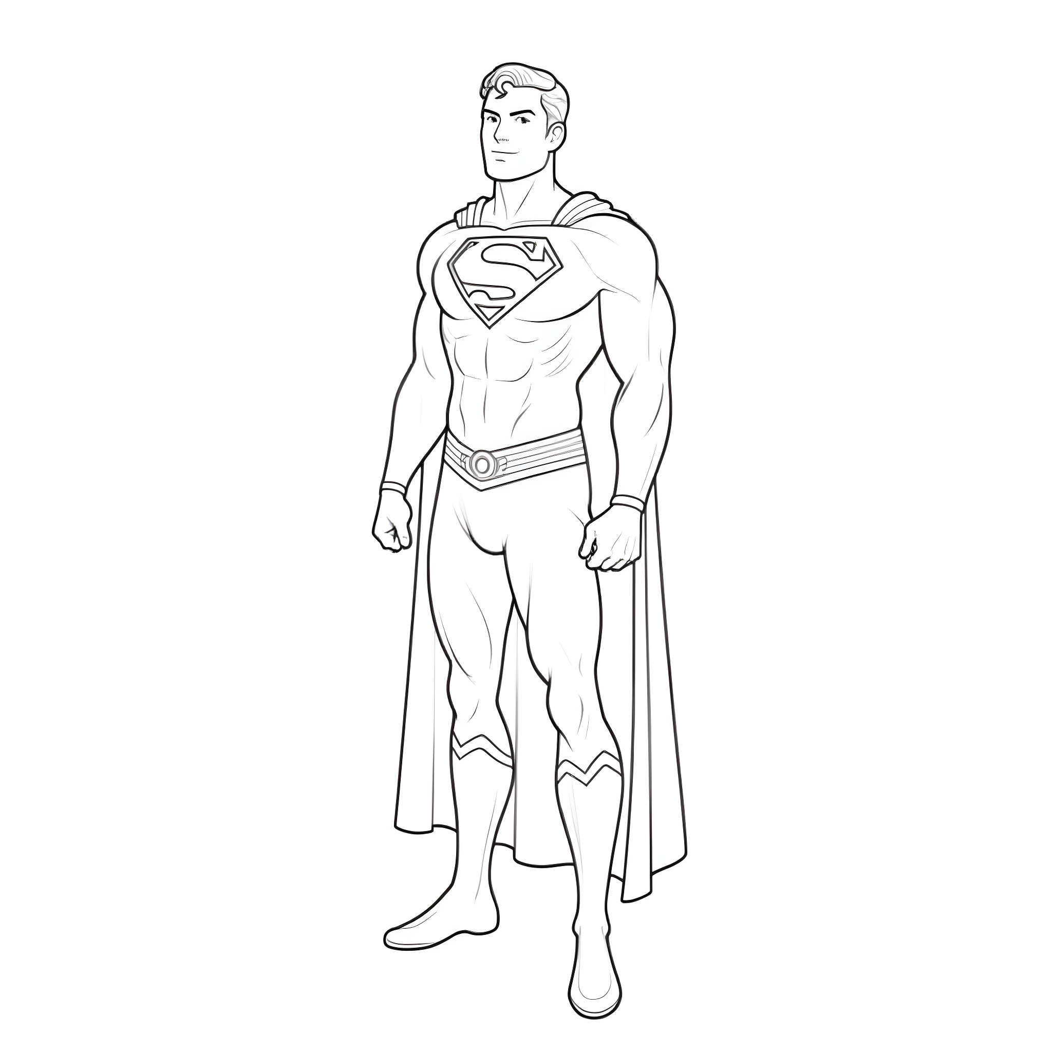 Superman Standing Heroically in Costume Coloring Page (free black-and-white line drawing printable PDF for all, from beginners to advanced learners, including children, teens, adults, and seniors)