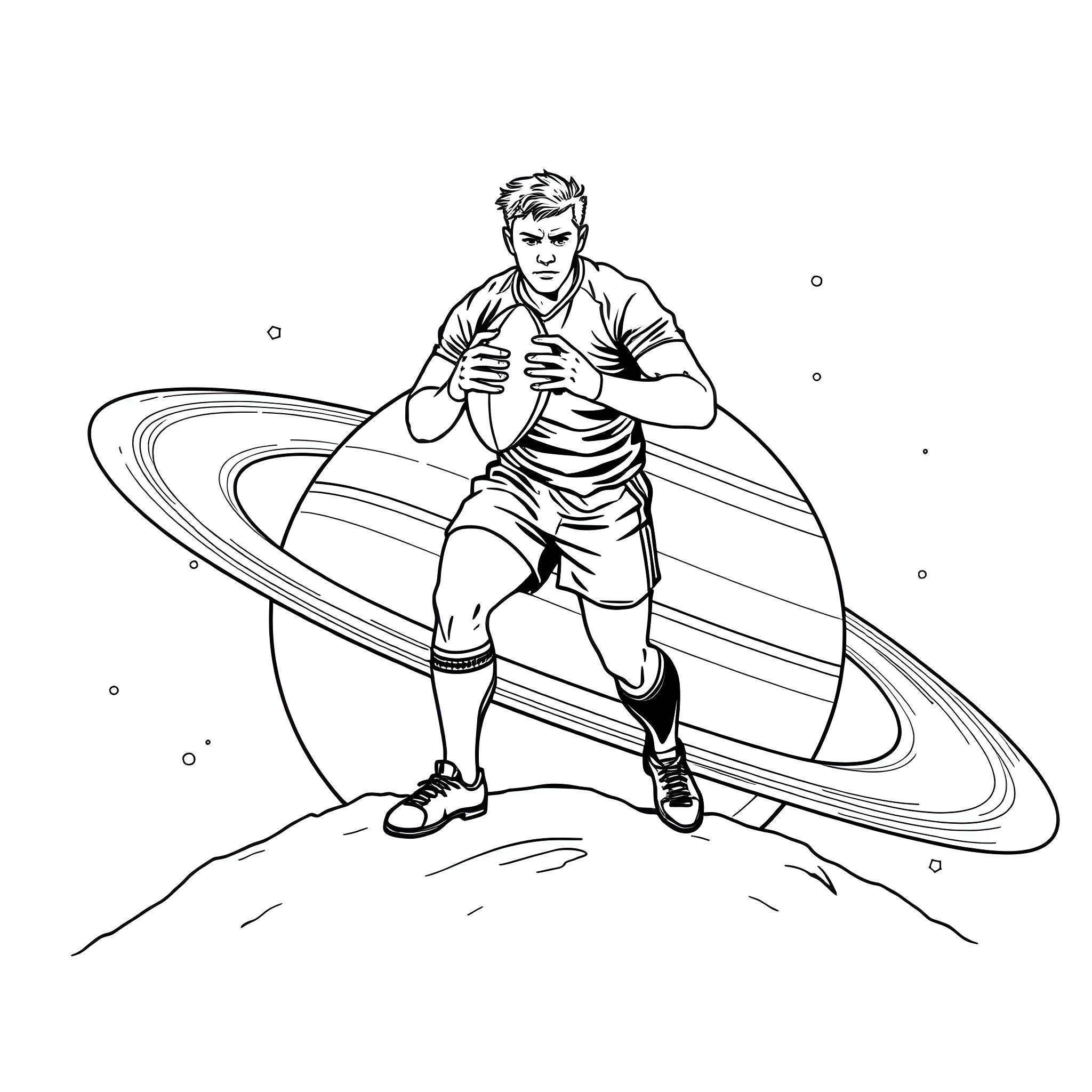 Rugby Player Tackling Amidst Cosmic Rings Coloring Page (free black-and-white line drawing printable PDF for all, from beginners to advanced learners, including children, teens, adults, and seniors)