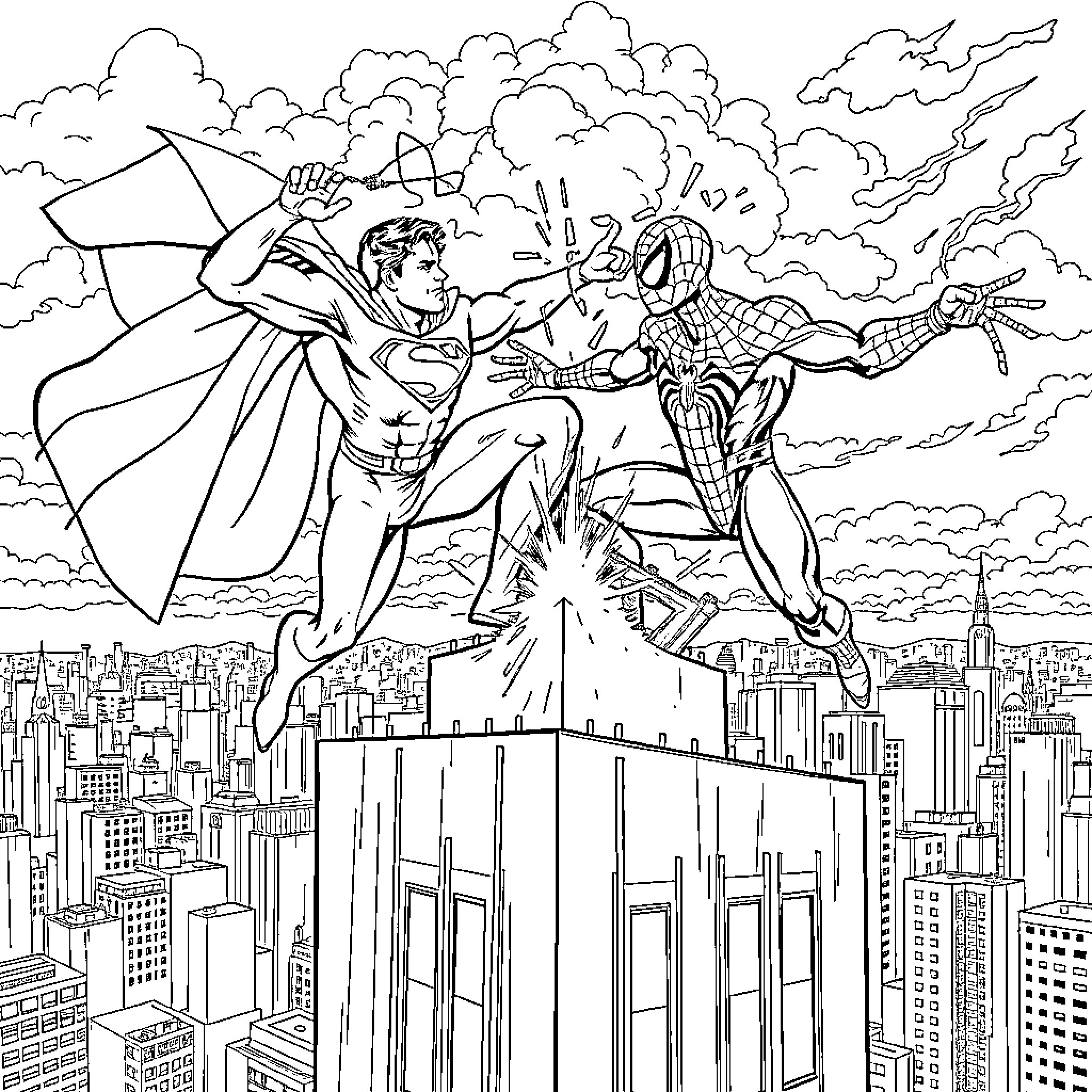 Superhero Showdown in the City Skyline Coloring Page (free black-and-white line drawing printable PDF for all, from beginners to advanced learners, including children, teens, adults, and seniors)
