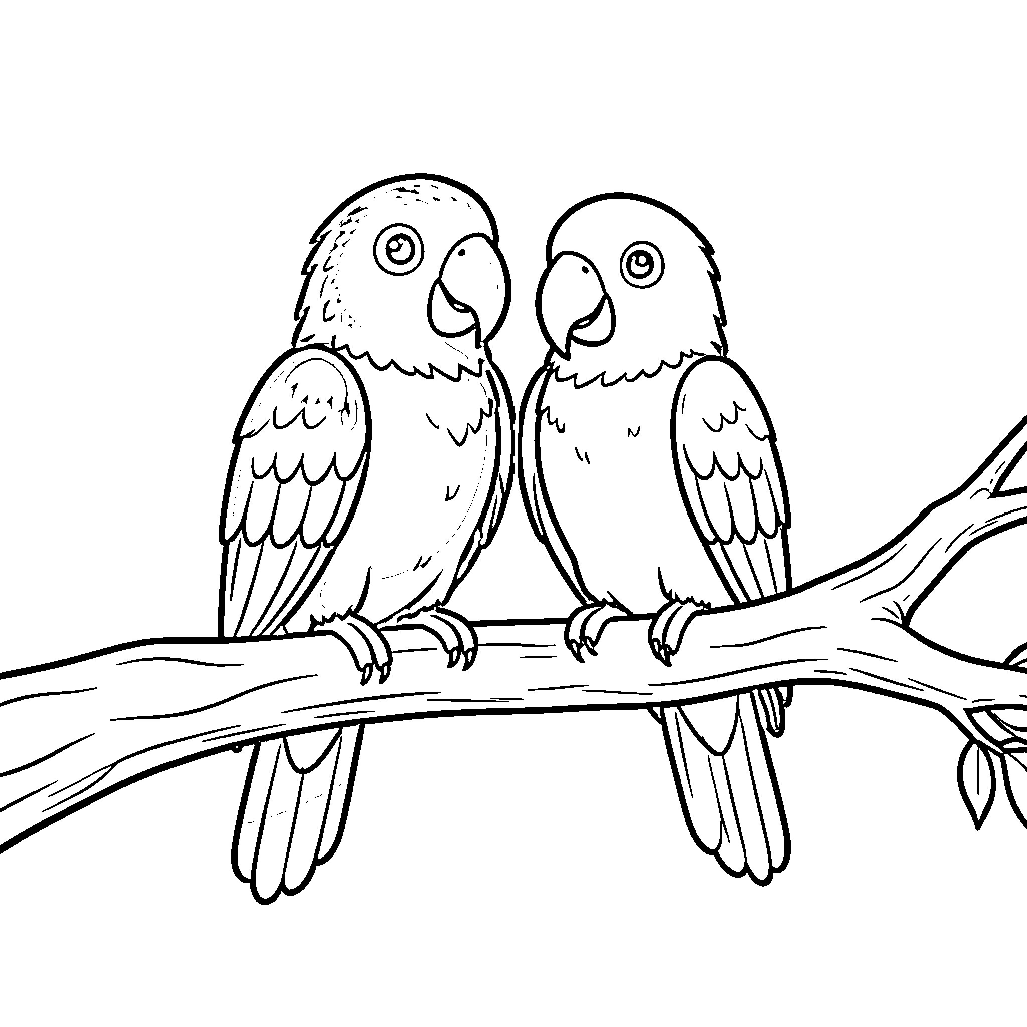 Parrot friends perched on branch Coloring Page (free black-and-white line drawing printable PDF for all, from beginners to advanced learners, including children, teens, adults, and seniors)