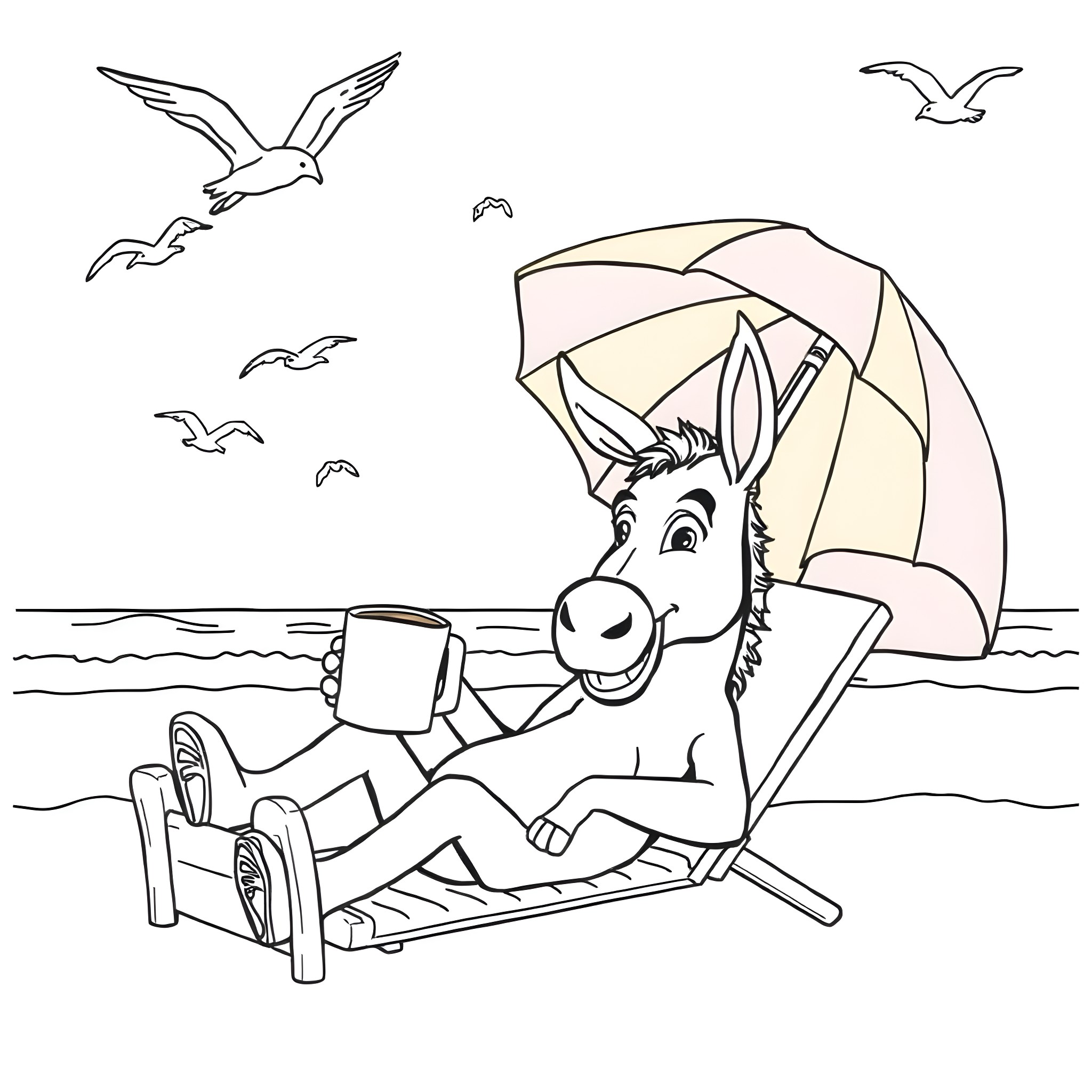 Donkey relaxing on the beach with umbrella Coloring Page (free black-and-white line drawing printable PDF for all, from beginners to advanced learners, including children, teens, adults, and seniors)