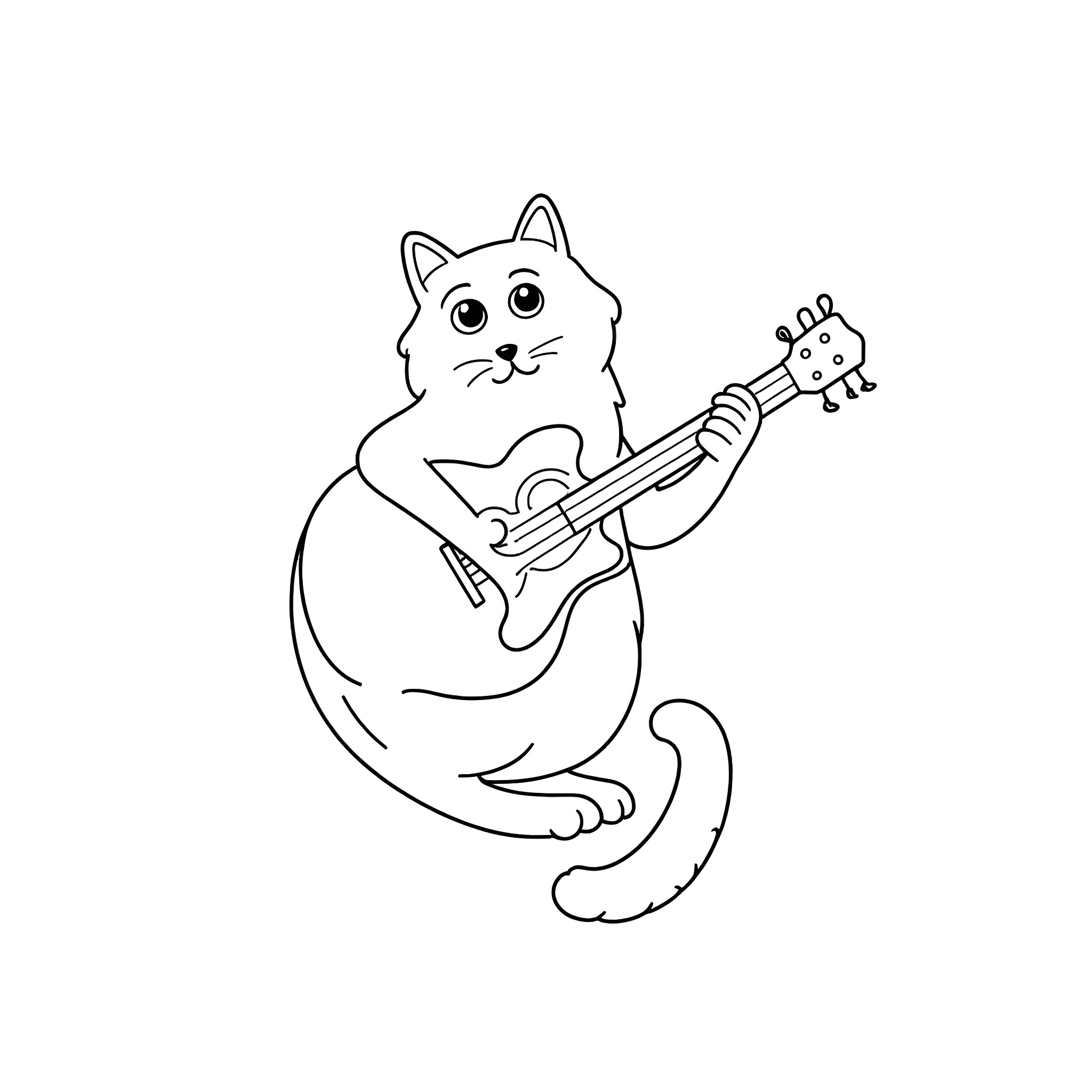 Cat playing guitar with big eyes Coloring Page (free black-and-white line drawing printable PDF for all, from beginners to advanced learners, including children, teens, adults, and seniors)