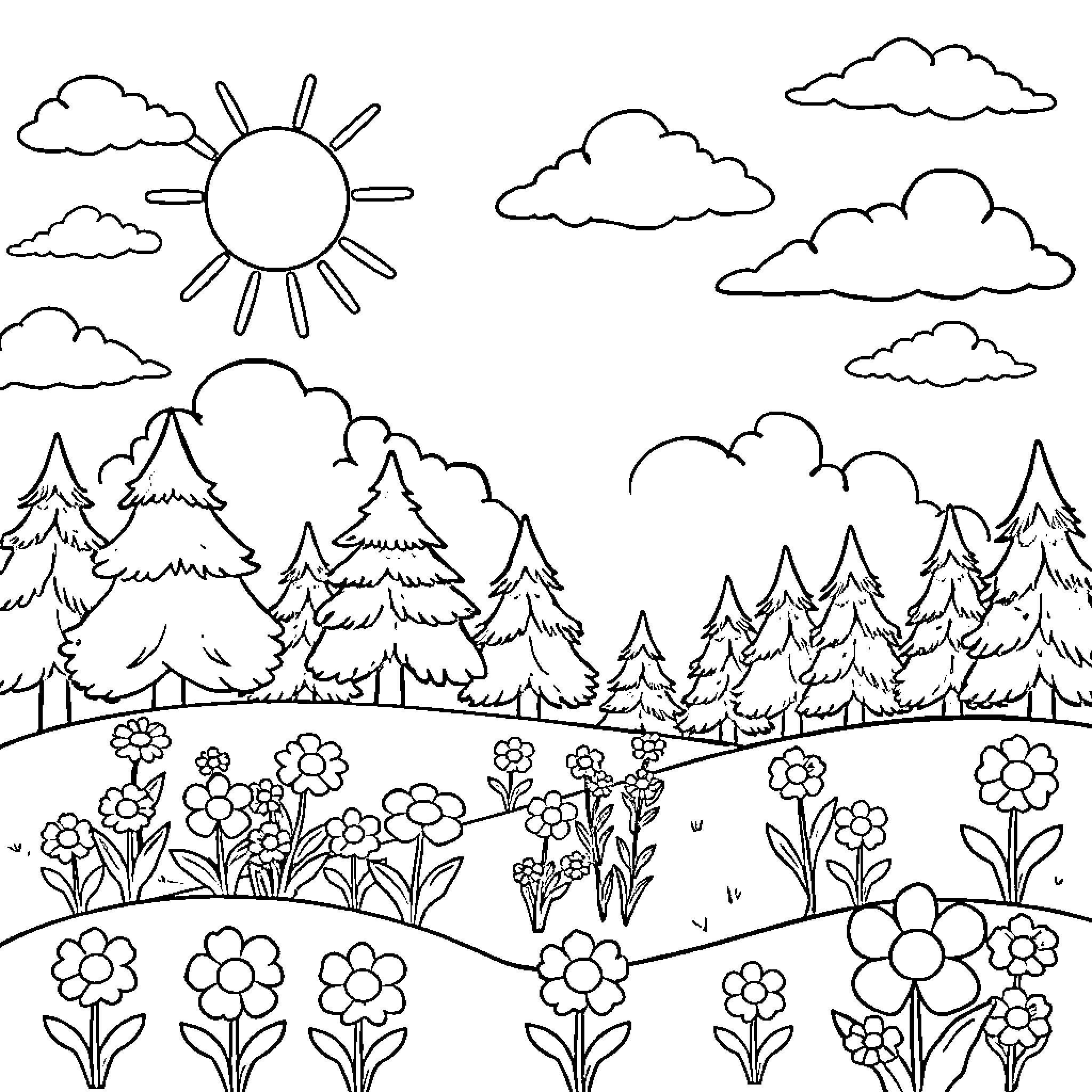 Sun shining brightly over scenic nature landscape Coloring Page (free black-and-white line drawing printable PDF for all, from beginners to advanced learners, including children, teens, adults, and seniors)