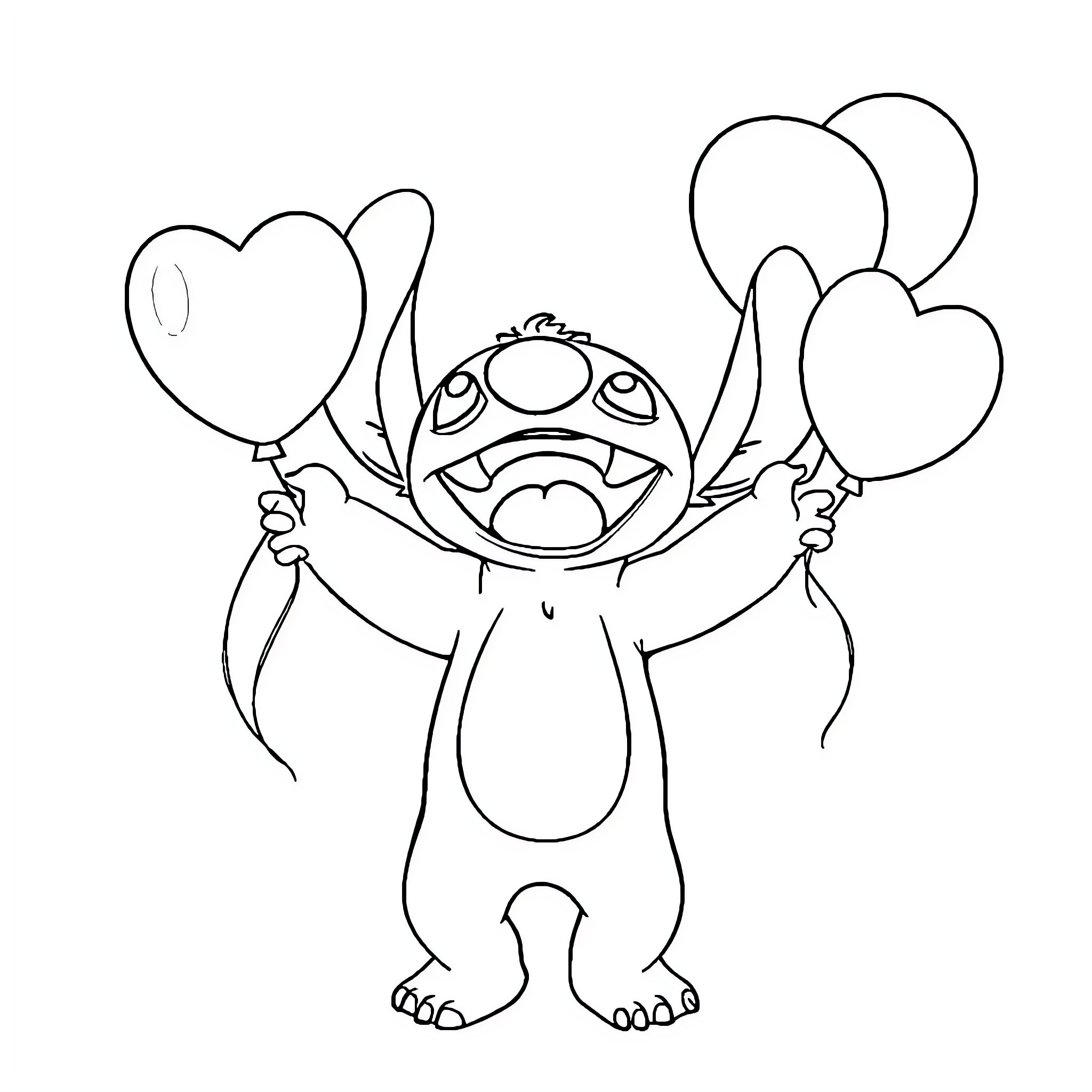 Stitch playing with heart-shaped balloons Coloring Page (free black-and-white line drawing printable PDF for all, from beginners to advanced learners, including children, teens, adults, and seniors)
