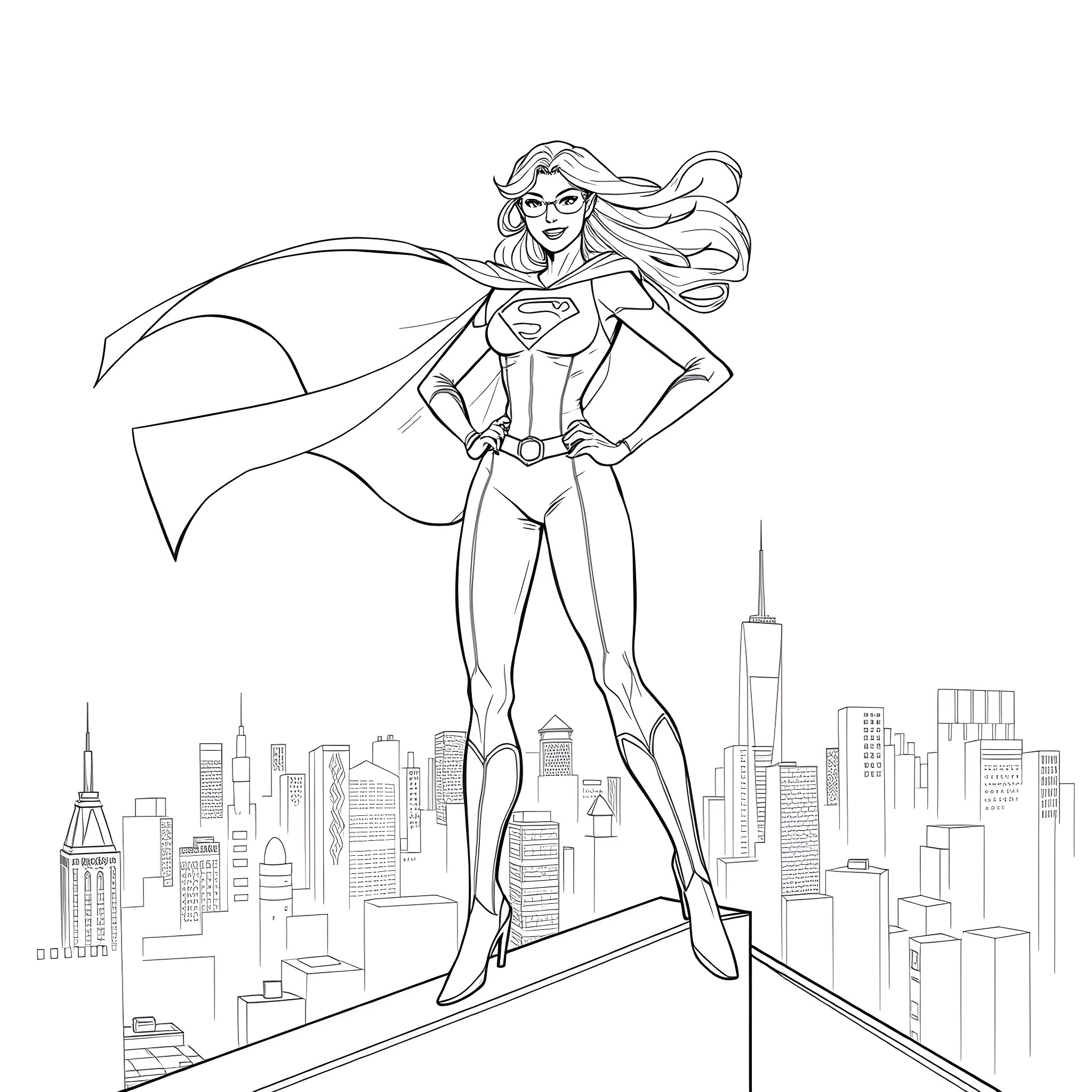 Superheroine on city rooftop Coloring Page (free black-and-white line drawing printable PDF for all, from beginners to advanced learners, including children, teens, adults, and seniors)