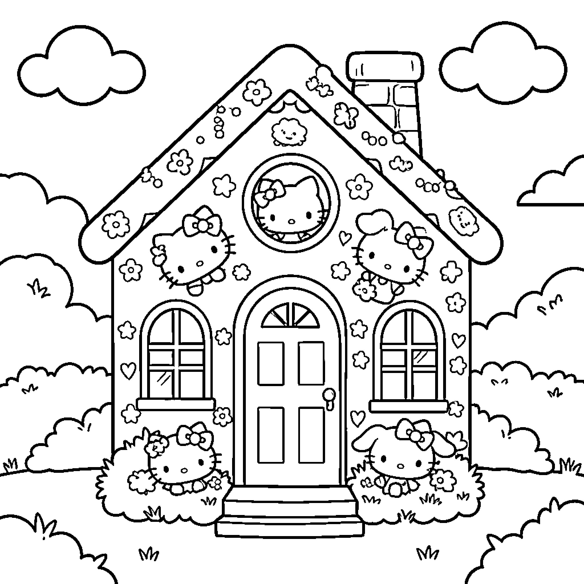 House Decorated with Hello Kitty Designs Coloring Page (free black-and-white line drawing printable PDF for all, from beginners to advanced learners, including children, teens, adults, and seniors)
