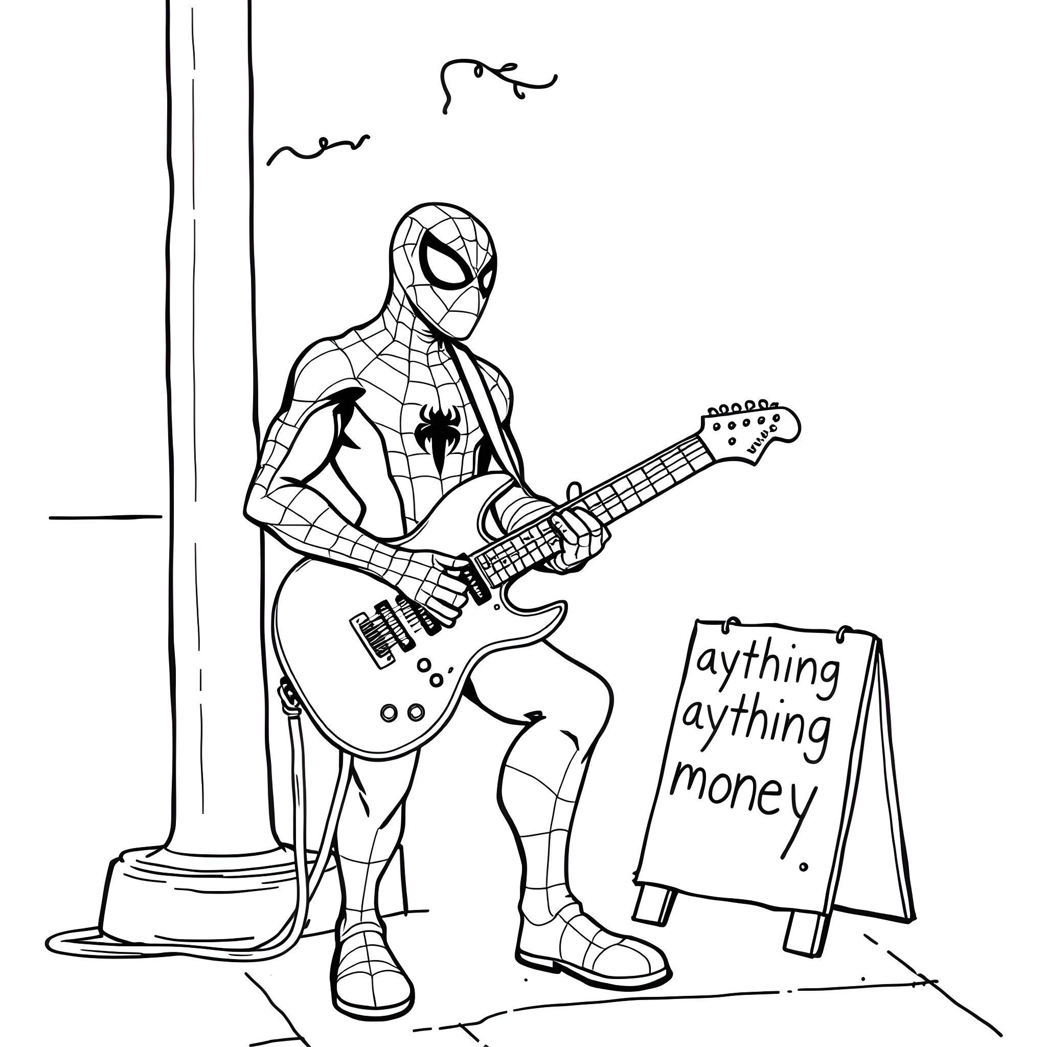 Spiderman playing guitar and seeking money Coloring Page (free black-and-white line drawing printable PDF for all, from beginners to advanced learners, including children, teens, adults, and seniors)